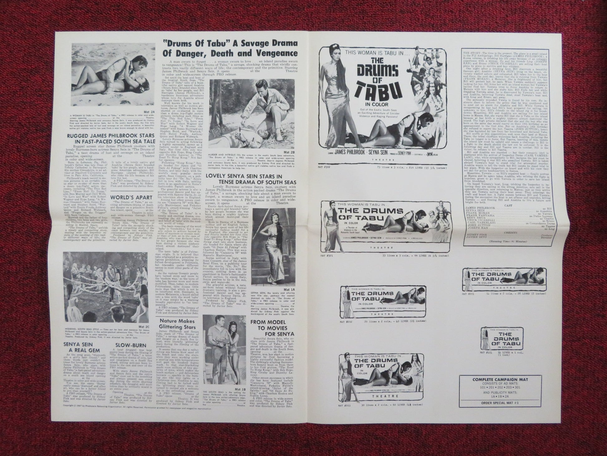 THE DRUMS OF TABU UNCUT PRESS BOOK FOLDED JAMES PHILBROOK SEYNA SEYN 1966 Rendezvous Cinema Movie posters