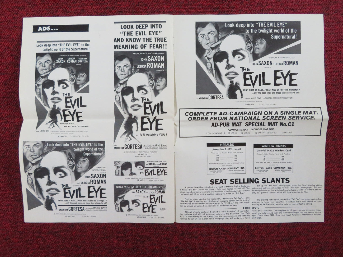 THE EVIL EYE UNCUT PRESS BOOK FOLDED JOHN SAXON LETICIA ROMAN 1964 Rendezvous Cinema Movie posters