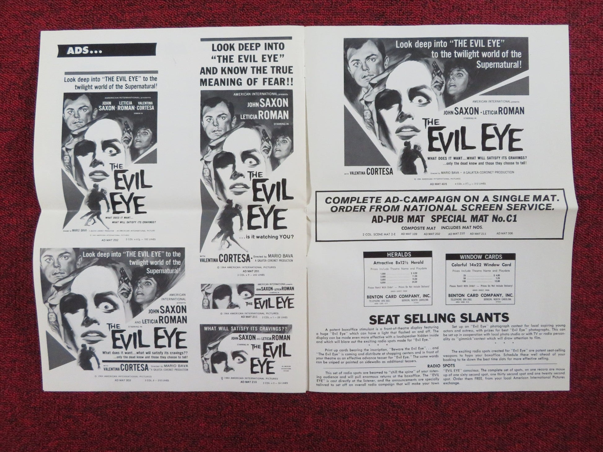 THE EVIL EYE UNCUT PRESS BOOK FOLDED JOHN SAXON LETICIA ROMAN 1964 Rendezvous Cinema Movie posters