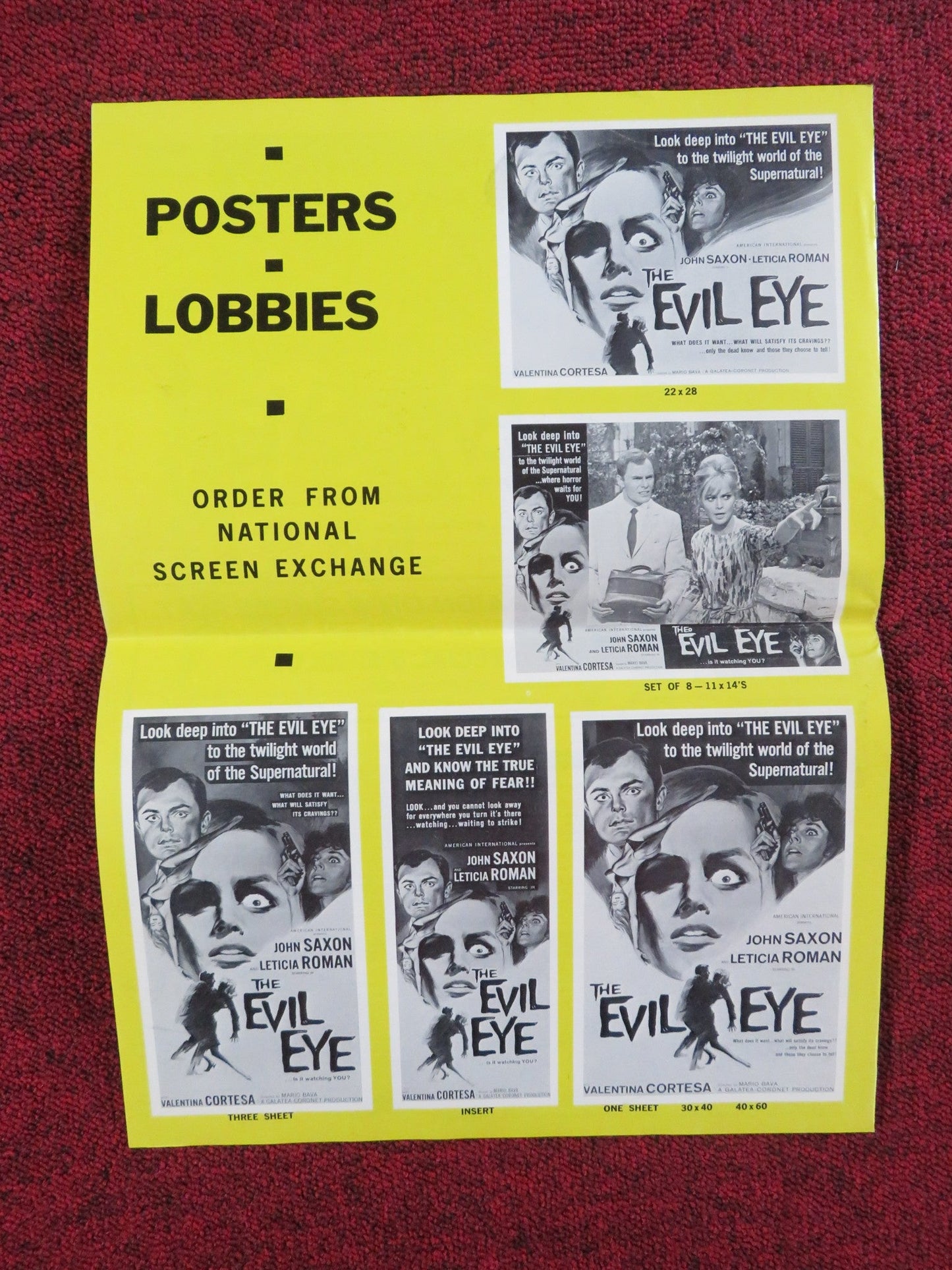 THE EVIL EYE UNCUT PRESS BOOK FOLDED JOHN SAXON LETICIA ROMAN 1964 Rendezvous Cinema Movie posters