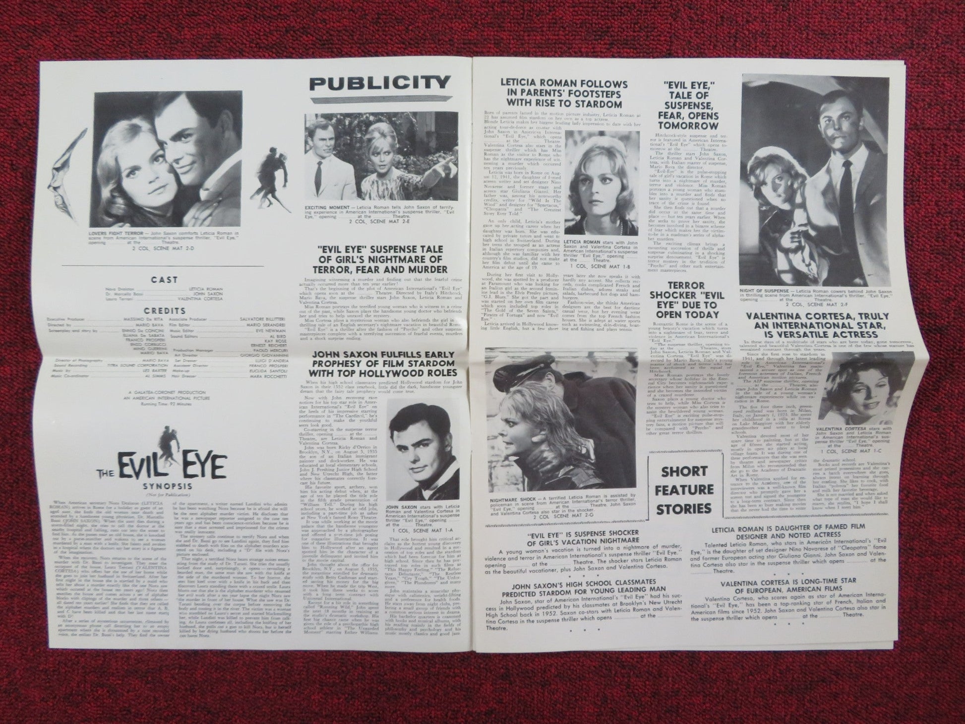 THE EVIL EYE UNCUT PRESS BOOK FOLDED JOHN SAXON LETICIA ROMAN 1964 Rendezvous Cinema Movie posters