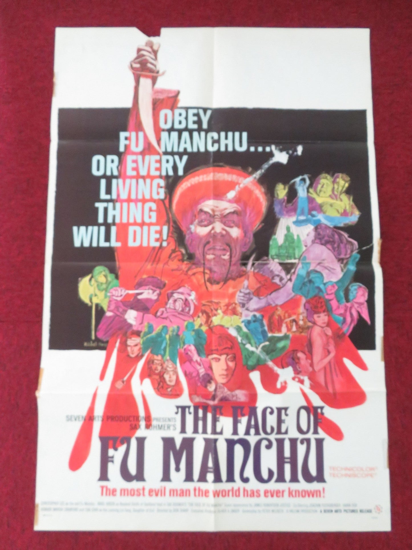 THE FACE OF FU MANCHU FOLDED US ONE SHEET POSTER CHRISTOPHER LEE N. GREEN 1965 Movie posters