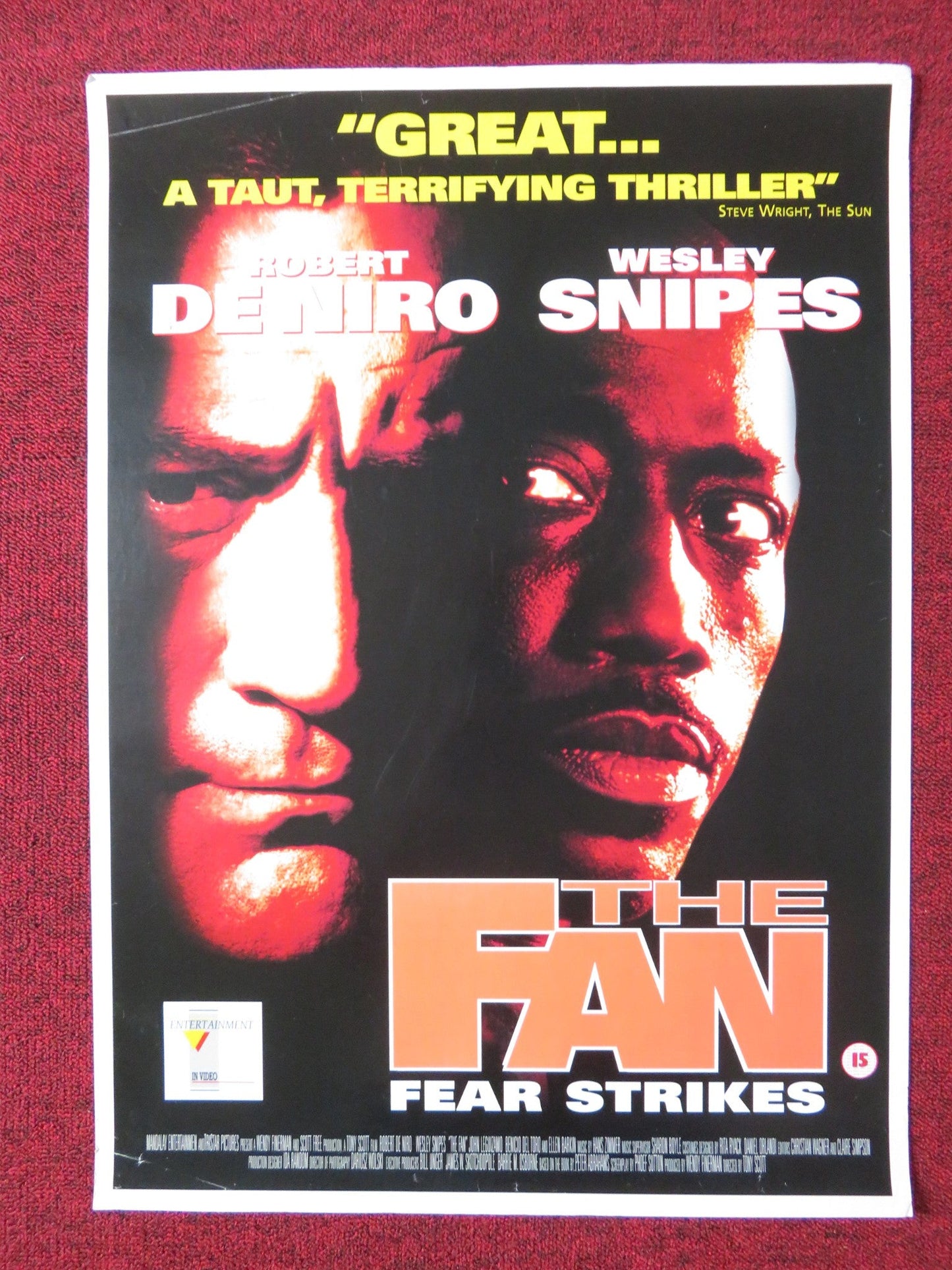 THE FAN VHS POSTER ROLLED ROBERT DE NIRO WESLEY SNIPES 1996 Rendezvous Cinema Movie posters