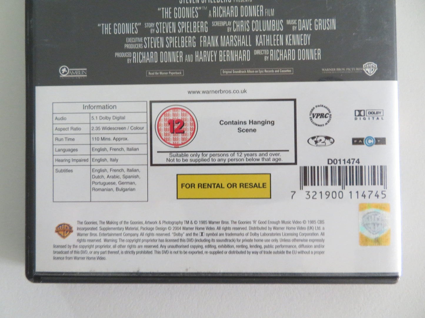 THE GOONIES - FULL LENGTH VERSION (DVD) SEAN ASTIN JOSH BROLIN 1985 REGION 2 Movie posters