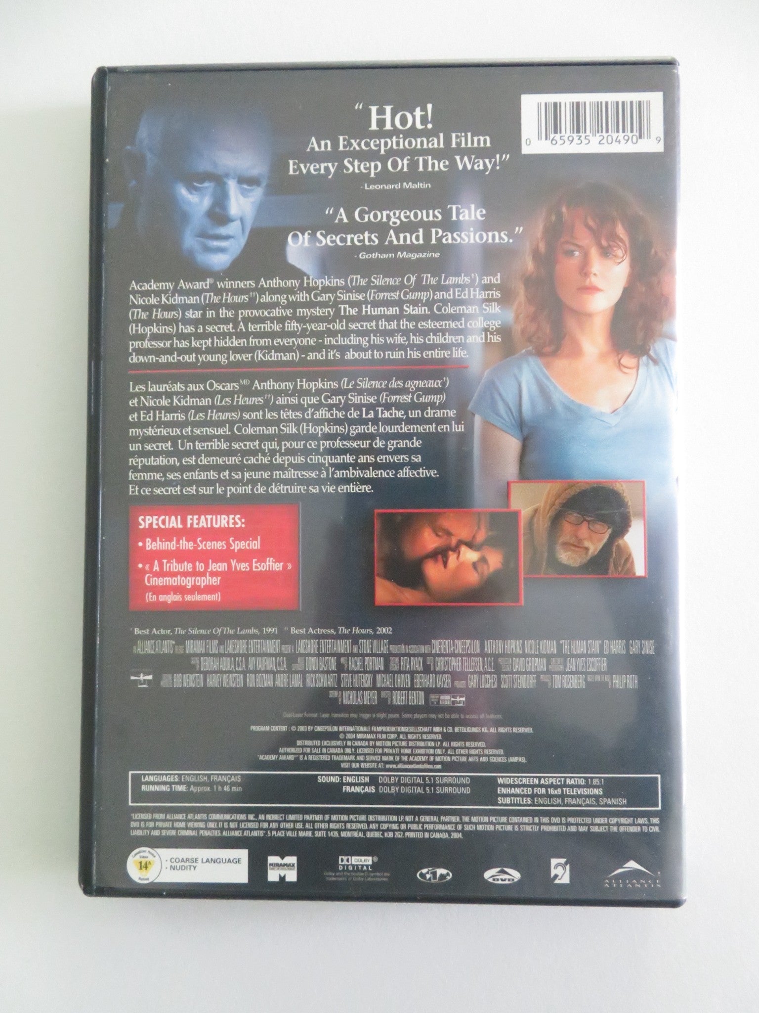 The Human Stain (DVD) Anthony Hopkins Nicole Kidman 2003 Region 1 Movie posters
