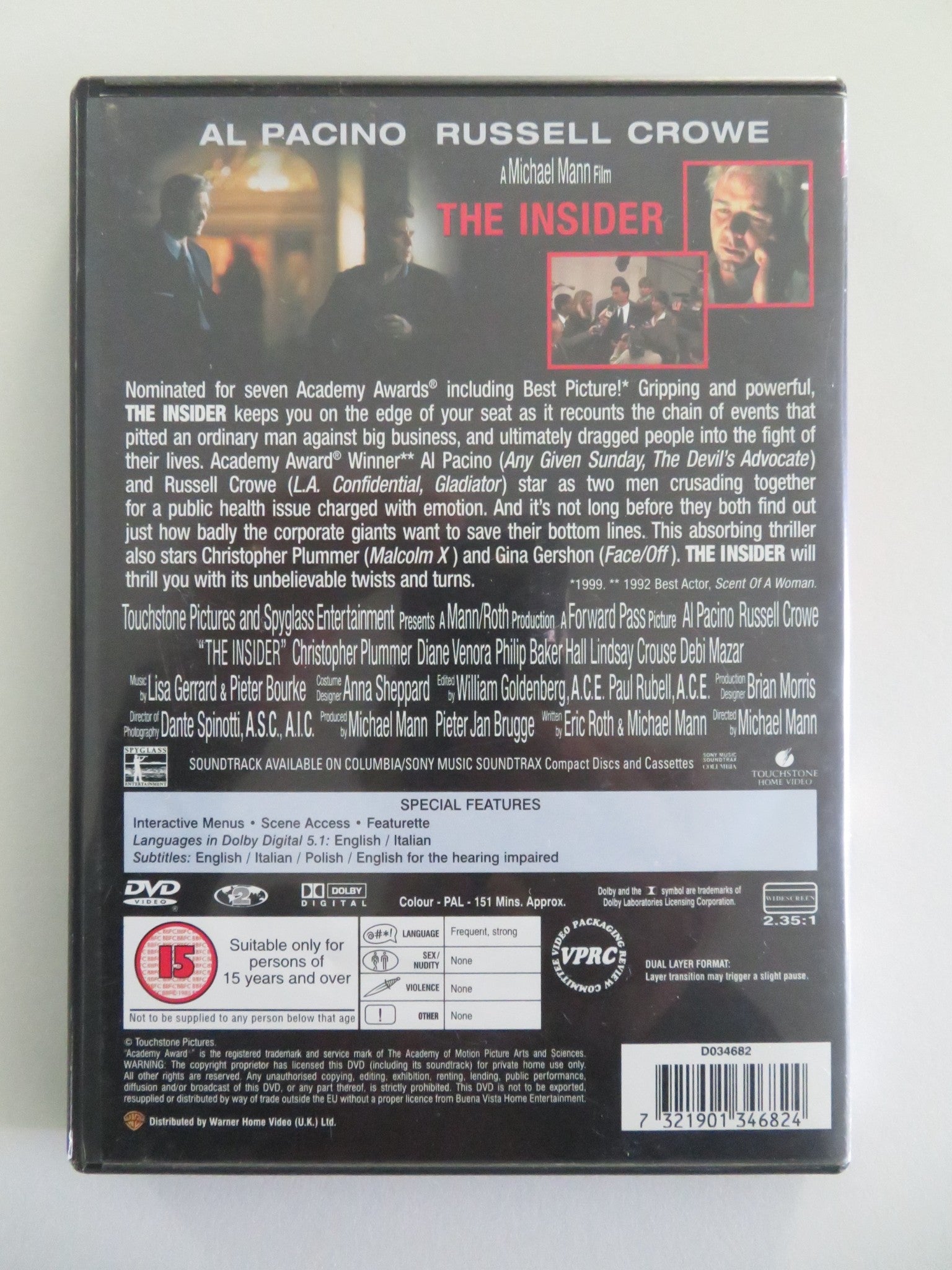 THE INSIDER (DVD) AL PACINO RUSSELL CROWE 1999 REGION 2 Movie posters