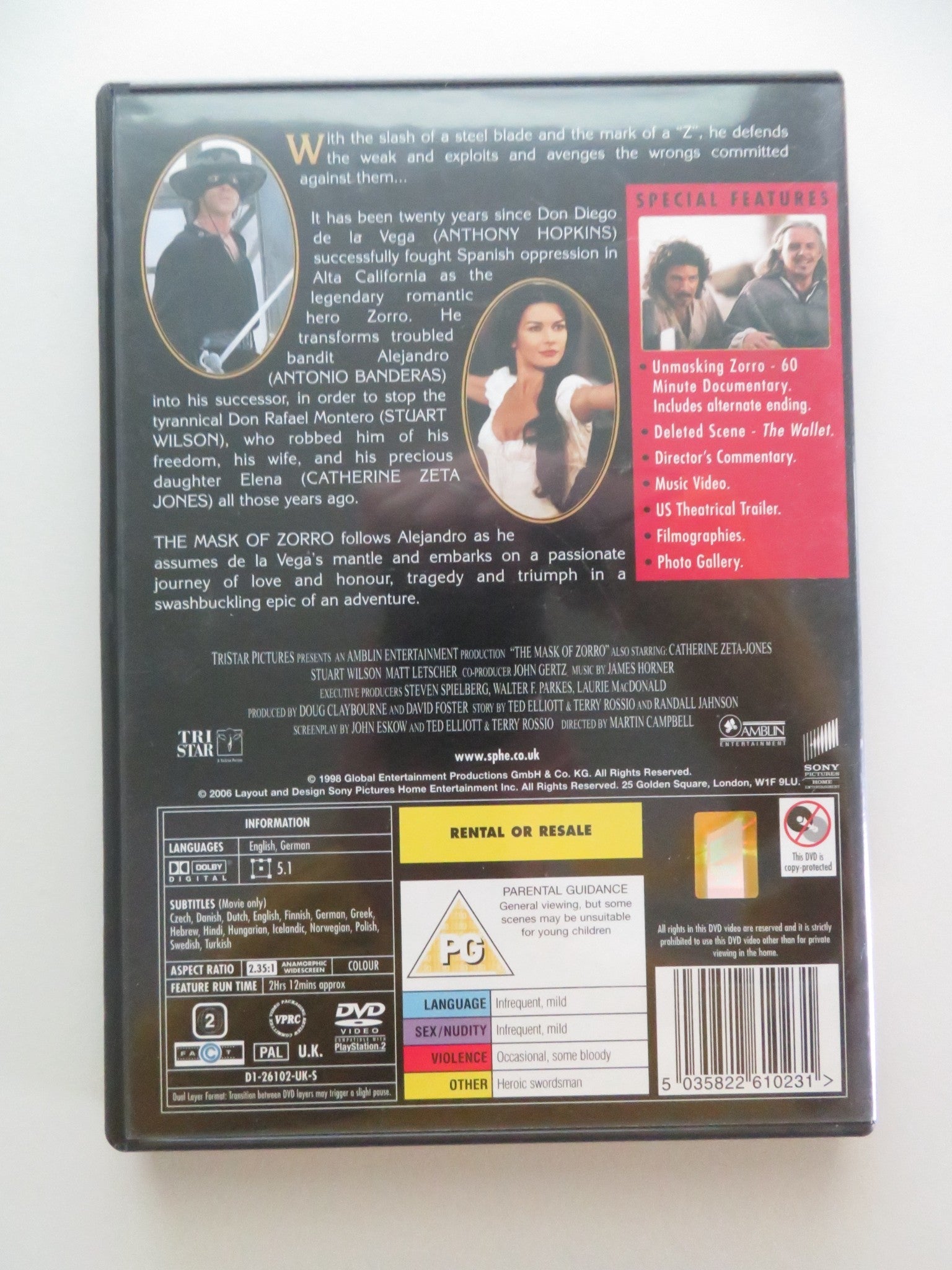 THE MASK OF ZORRO - B (DVD) ANTONIO BANDERAS ANTHONY HOPKINS 1998 REGION 2 Movie posters