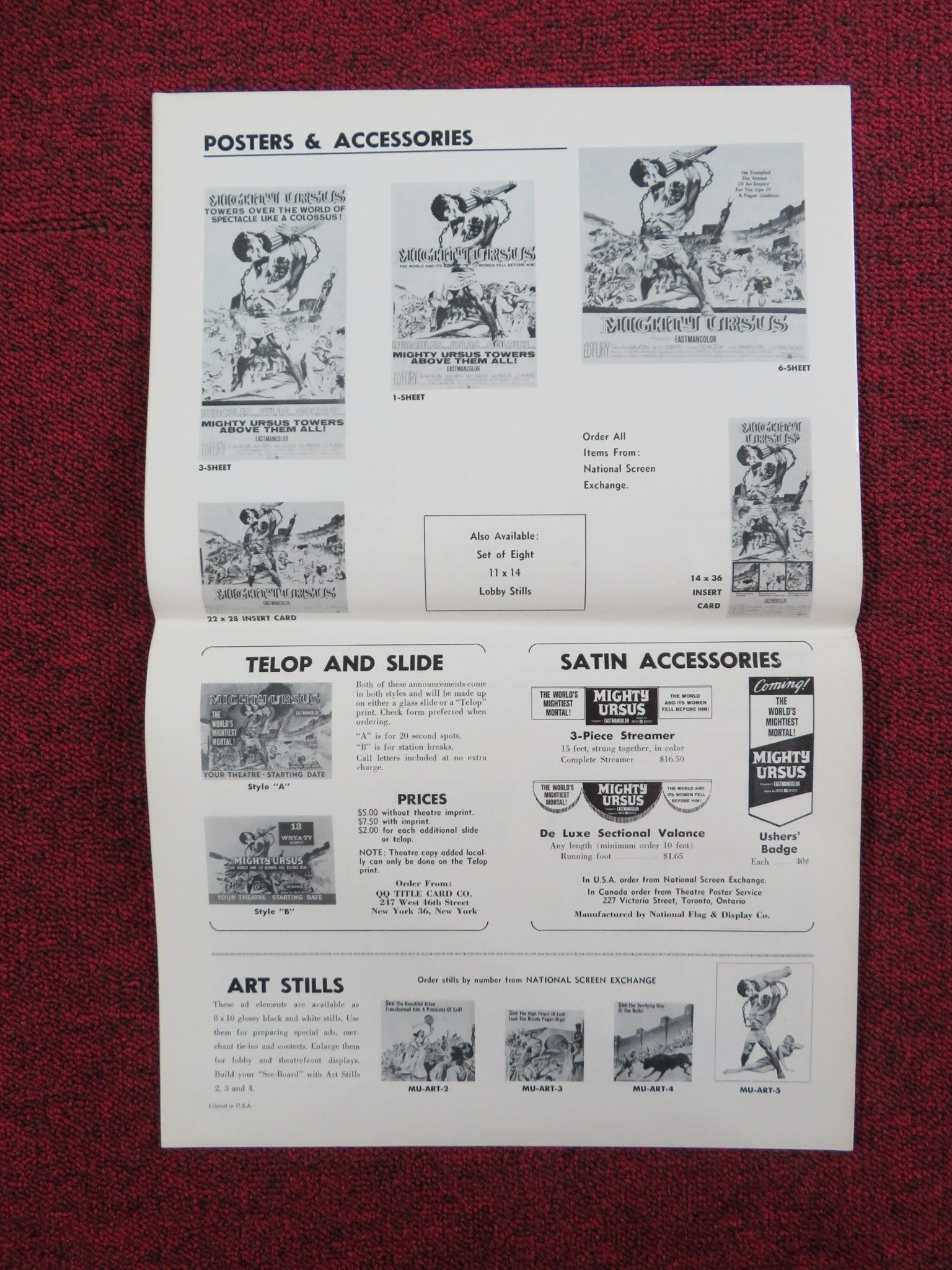 THE MIGHTY URSUS UNCUT PRESS BOOK FOLDED ED FURY CRISTINA GAIONI 1962 Rendezvous Cinema Movie posters