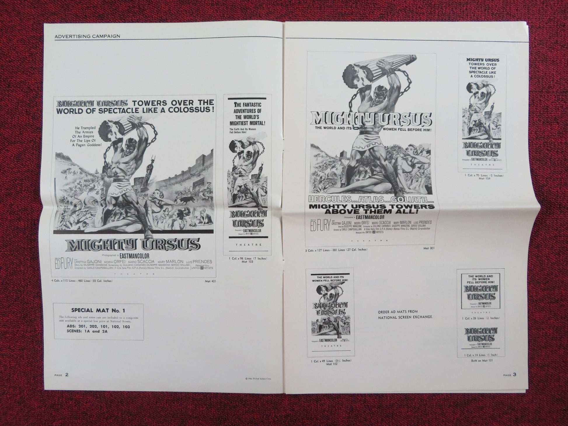 THE MIGHTY URSUS UNCUT PRESS BOOK FOLDED ED FURY CRISTINA GAIONI 1962 Rendezvous Cinema Movie posters