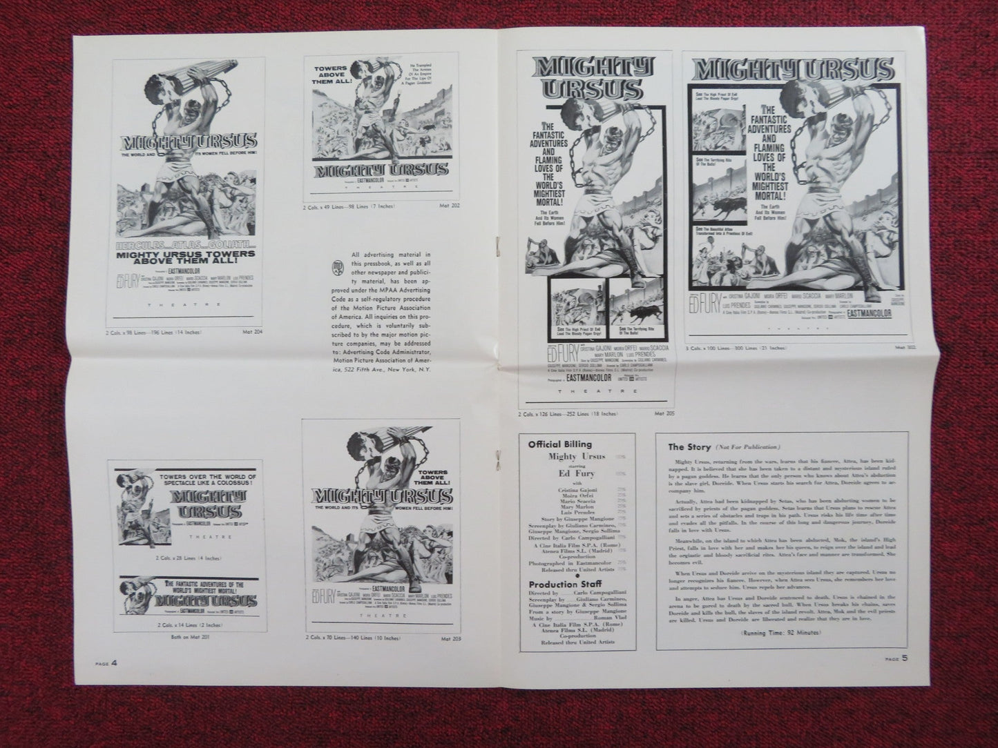 THE MIGHTY URSUS UNCUT PRESS BOOK FOLDED ED FURY CRISTINA GAIONI 1962 Rendezvous Cinema Movie posters