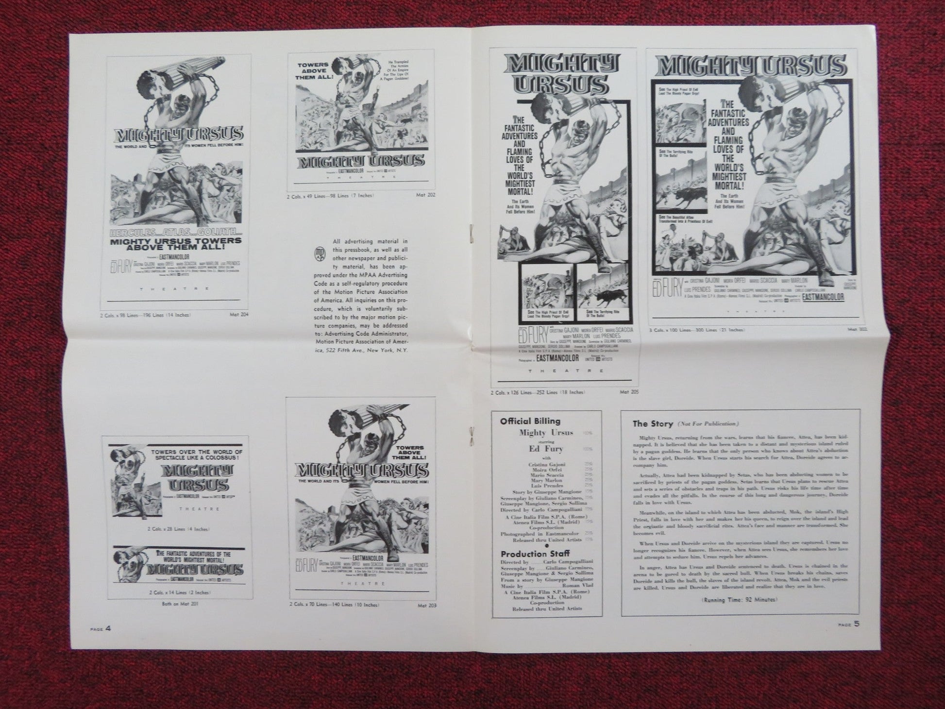 THE MIGHTY URSUS UNCUT PRESS BOOK FOLDED ED FURY CRISTINA GAIONI 1962 Rendezvous Cinema Movie posters