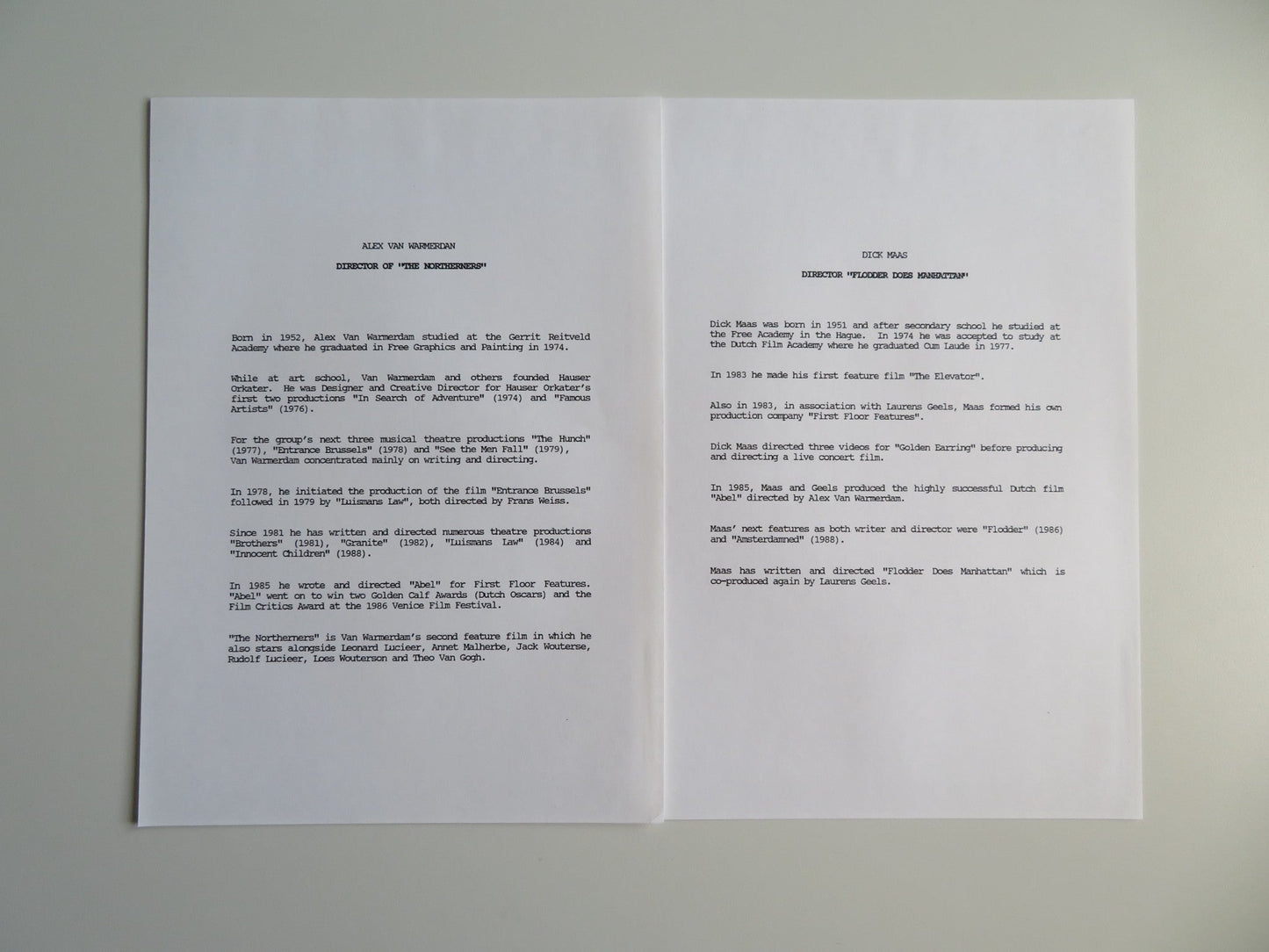 THE NORTHERNERS PRESS KIT 1992 JACK WOUTERSE ANNET MALHERBE Movie posters