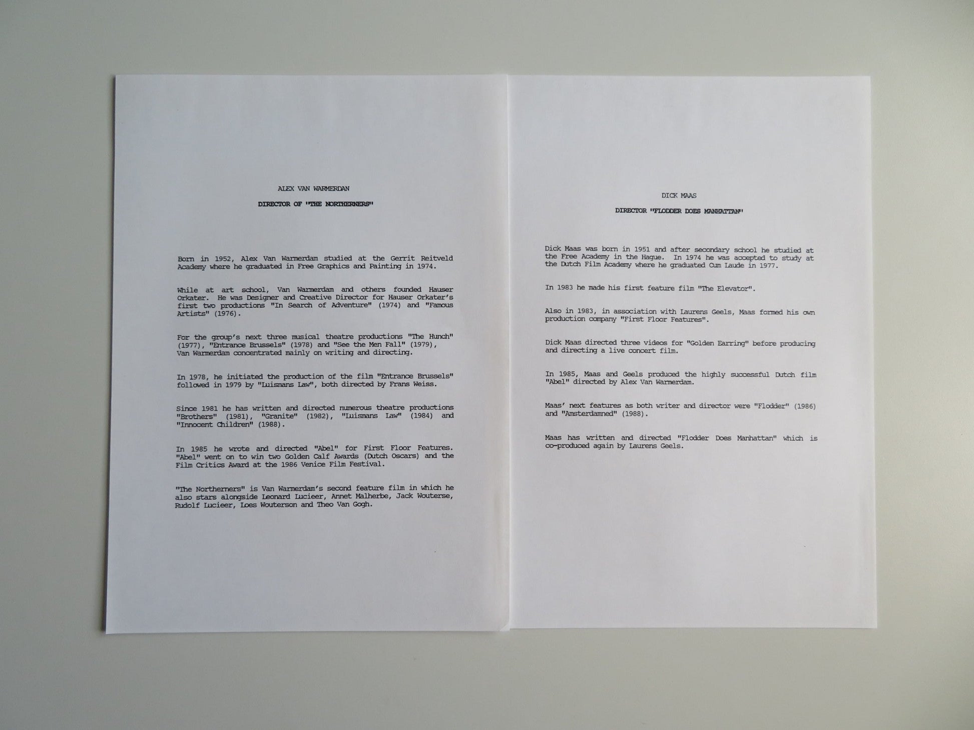 THE NORTHERNERS PRESS KIT 1992 JACK WOUTERSE ANNET MALHERBE Movie posters