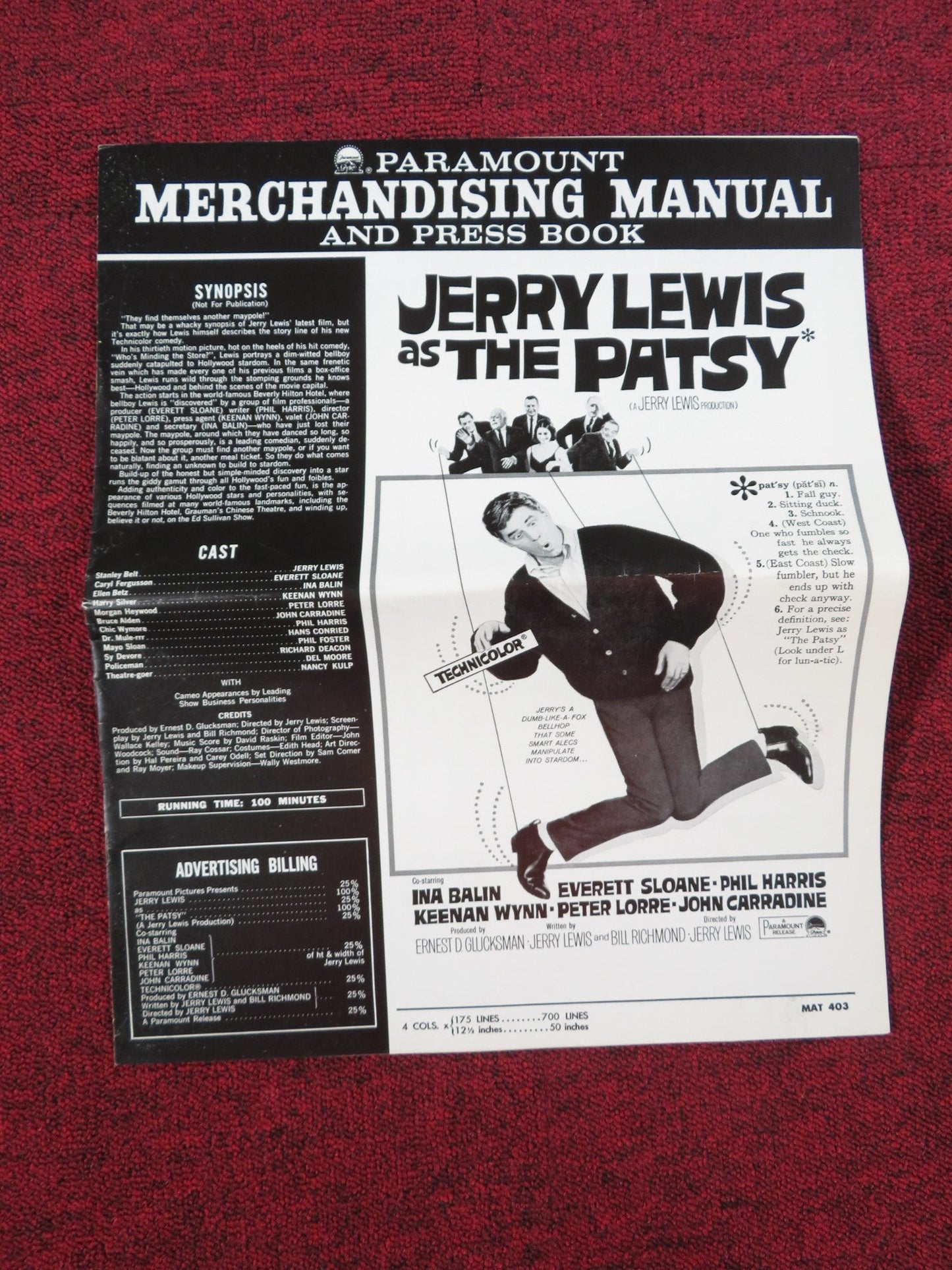 THE PATSY UNCUT PRESS BOOK FOLDED JERRY LEWIS INA BALIN 1964 Rendezvous Cinema Movie posters