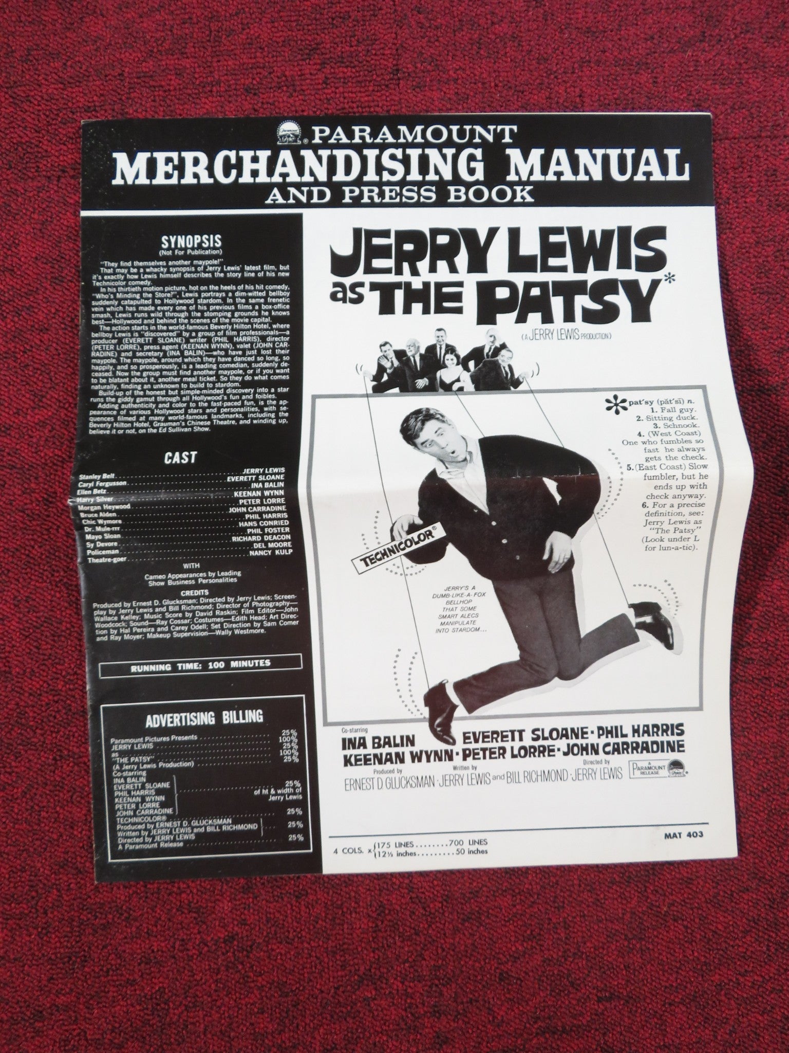THE PATSY UNCUT PRESS BOOK FOLDED JERRY LEWIS INA BALIN 1964 Rendezvous Cinema Movie posters