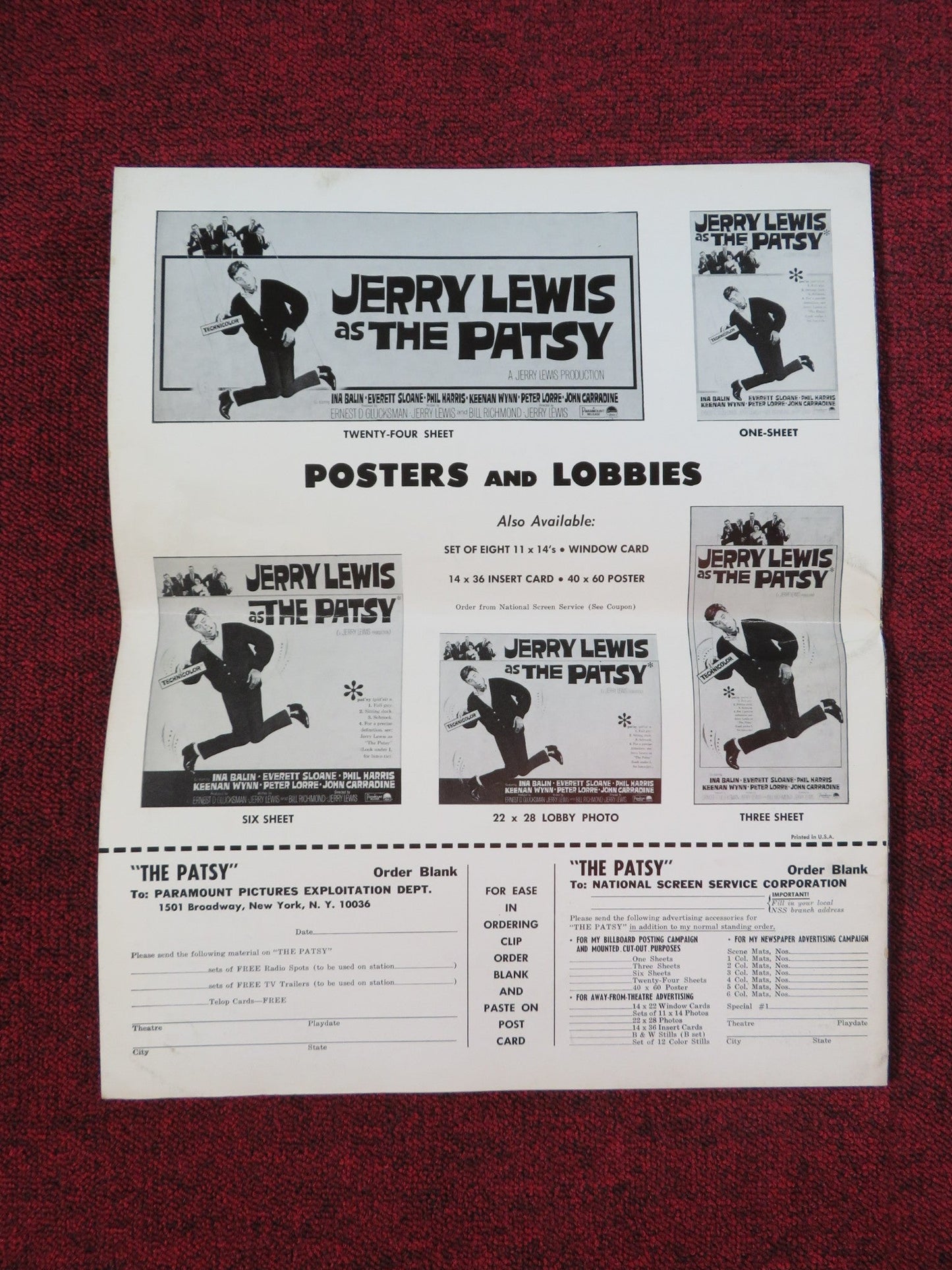 THE PATSY UNCUT PRESS BOOK FOLDED JERRY LEWIS INA BALIN 1964 Rendezvous Cinema Movie posters