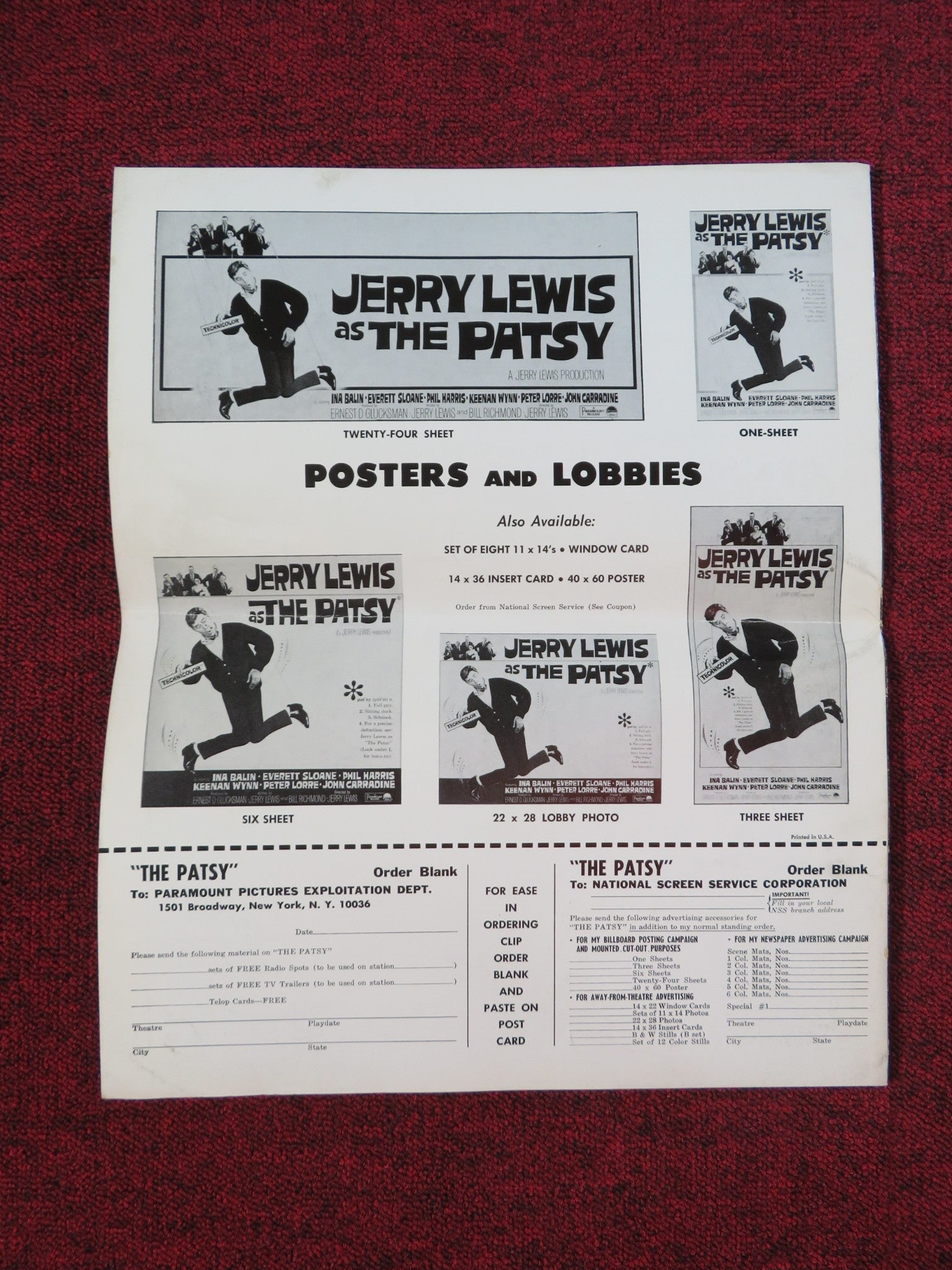 THE PATSY UNCUT PRESS BOOK FOLDED JERRY LEWIS INA BALIN 1964 Rendezvous Cinema Movie posters