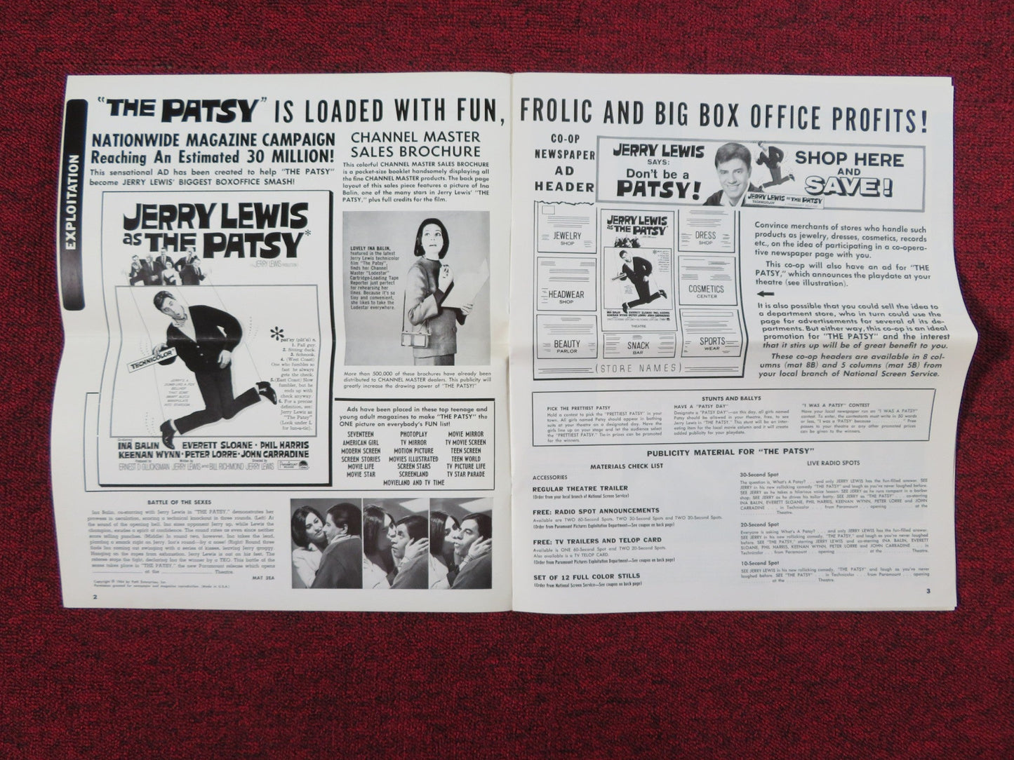 THE PATSY UNCUT PRESS BOOK FOLDED JERRY LEWIS INA BALIN 1964 Rendezvous Cinema Movie posters