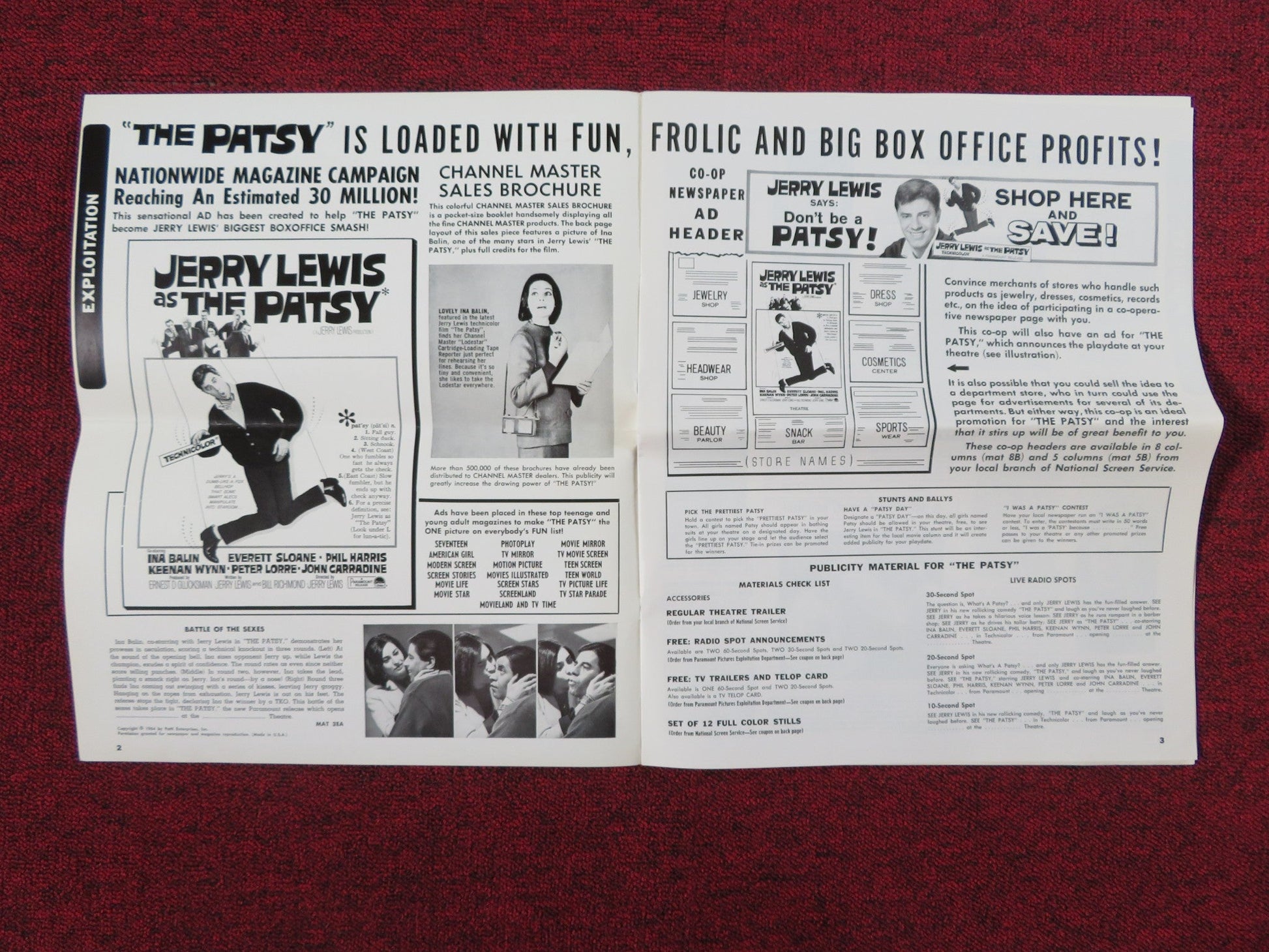 THE PATSY UNCUT PRESS BOOK FOLDED JERRY LEWIS INA BALIN 1964 Rendezvous Cinema Movie posters