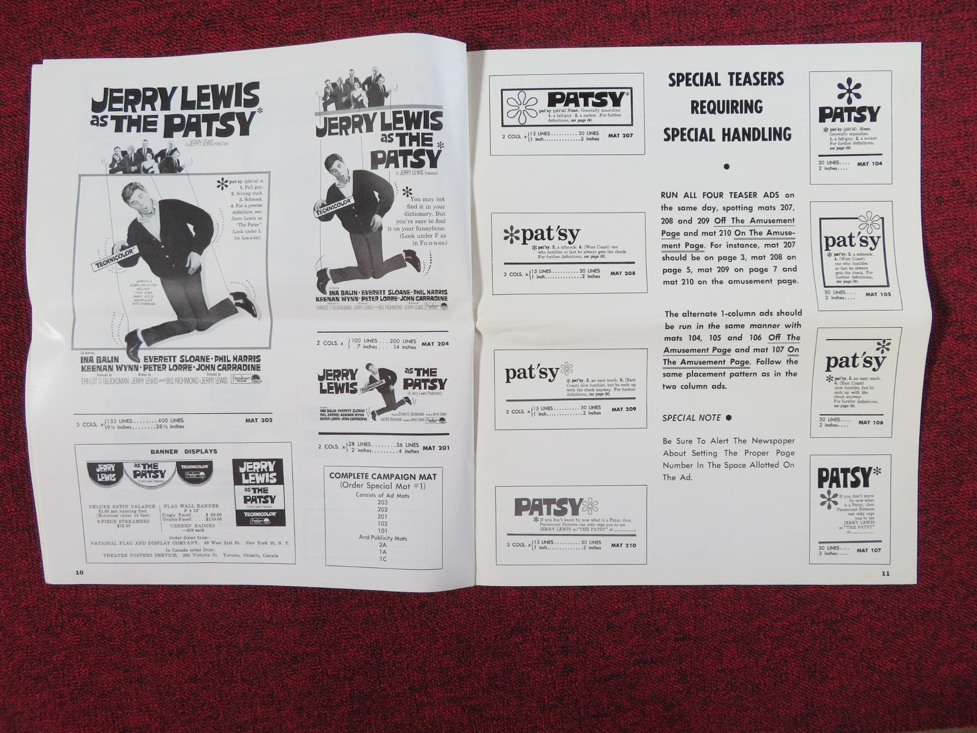 THE PATSY UNCUT PRESS BOOK FOLDED JERRY LEWIS INA BALIN 1964 Rendezvous Cinema Movie posters