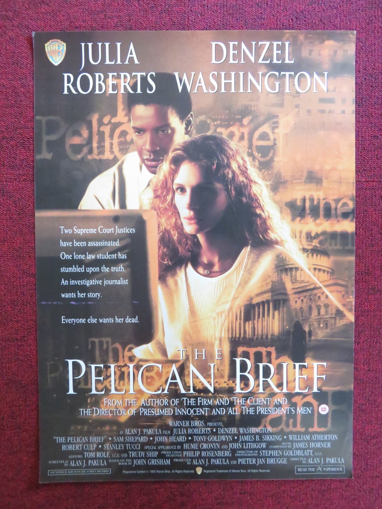 THE PELICAN BRIEF - B VHS VIDEO POSTER JULIA ROBERTS DENZEL WASHINGTON 1993 Rendezvous Cinema Movie posters
