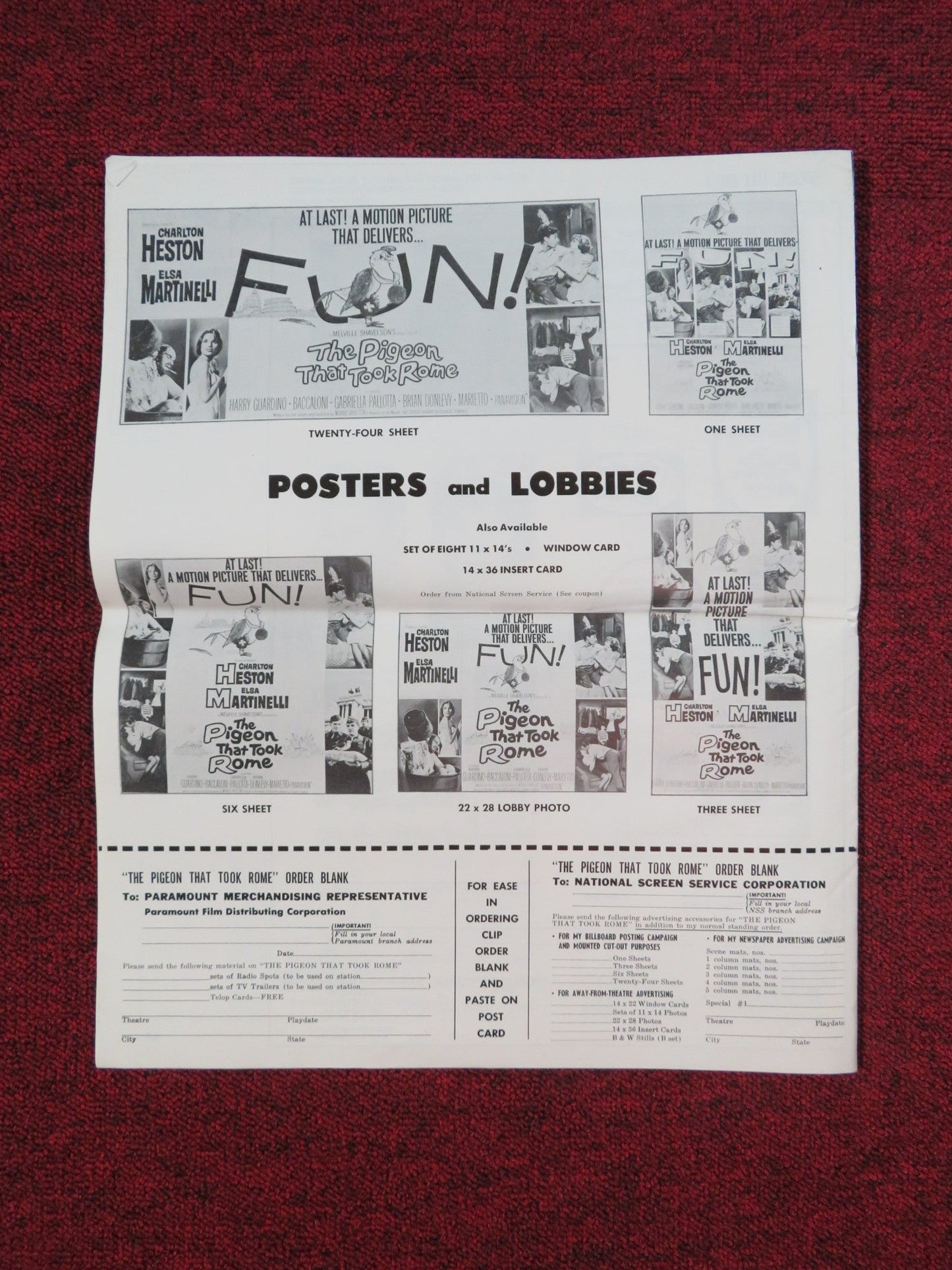 THE PIGEON THAT TOOK ROME UNCUT PRESS BOOK FOLDED CHARLTON HESTON 1962 Rendezvous Cinema Movie posters