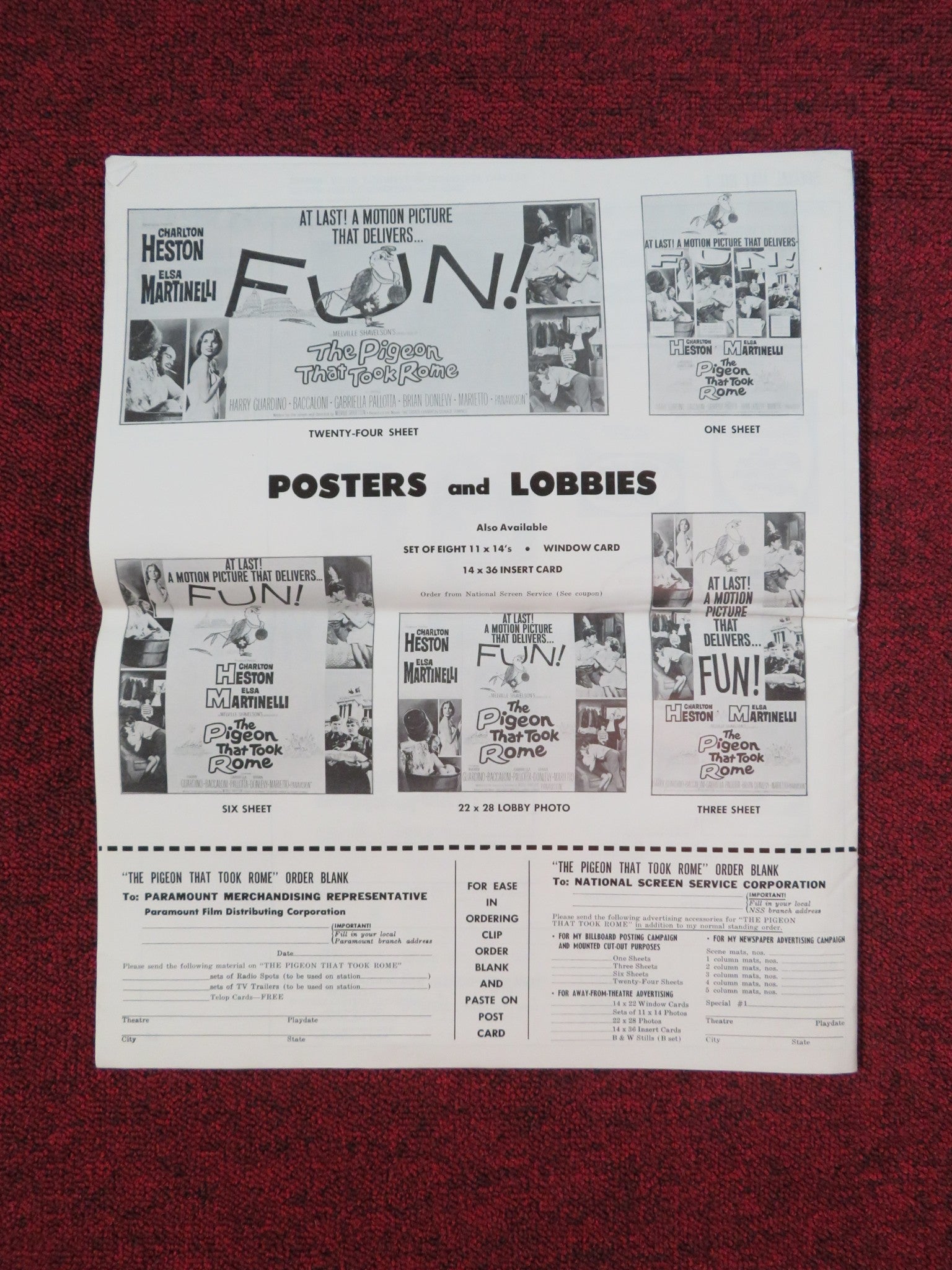 THE PIGEON THAT TOOK ROME UNCUT PRESS BOOK FOLDED CHARLTON HESTON 1962 Rendezvous Cinema Movie posters