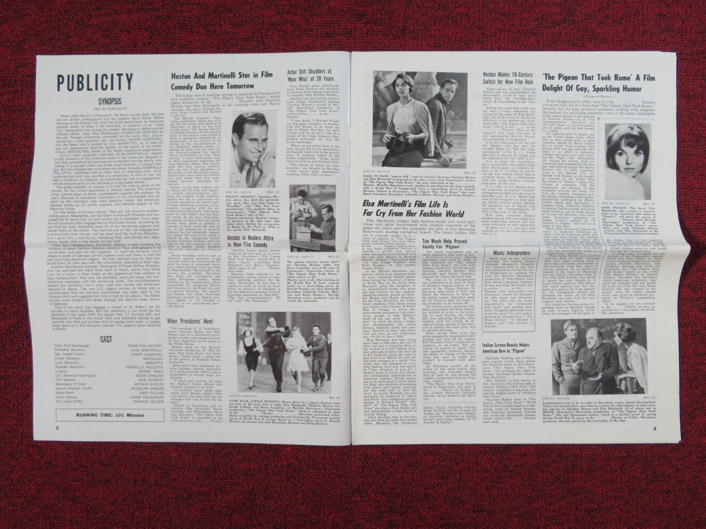 THE PIGEON THAT TOOK ROME UNCUT PRESS BOOK FOLDED CHARLTON HESTON 1962 Rendezvous Cinema Movie posters