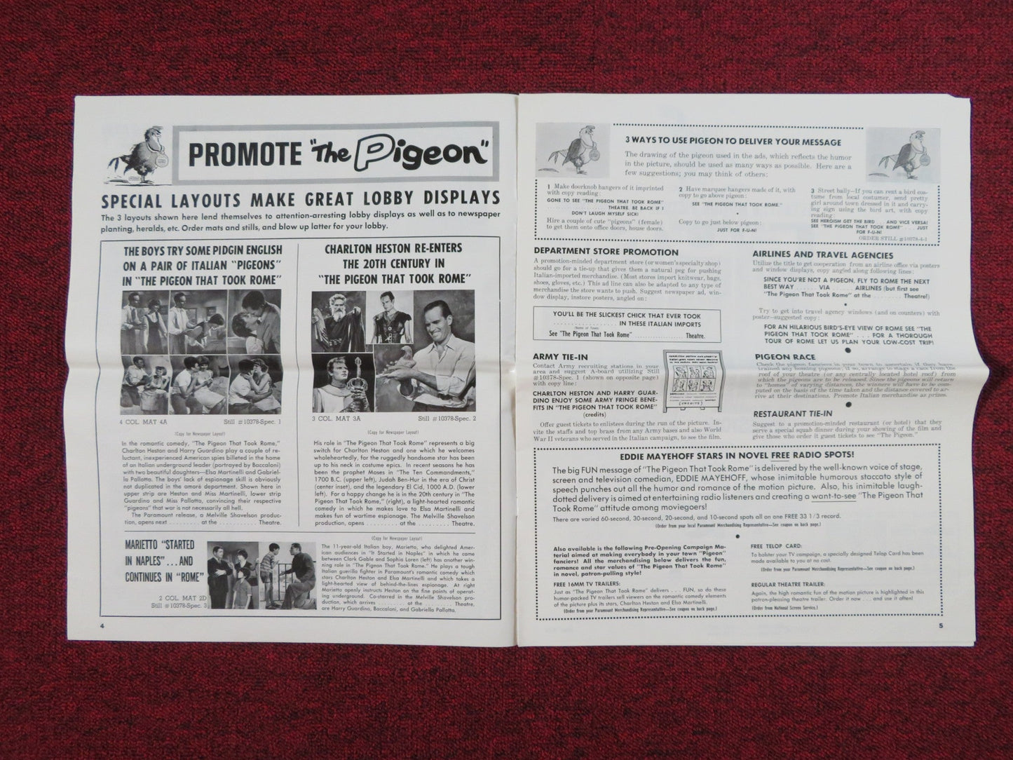 THE PIGEON THAT TOOK ROME UNCUT PRESS BOOK FOLDED CHARLTON HESTON 1962 Rendezvous Cinema Movie posters