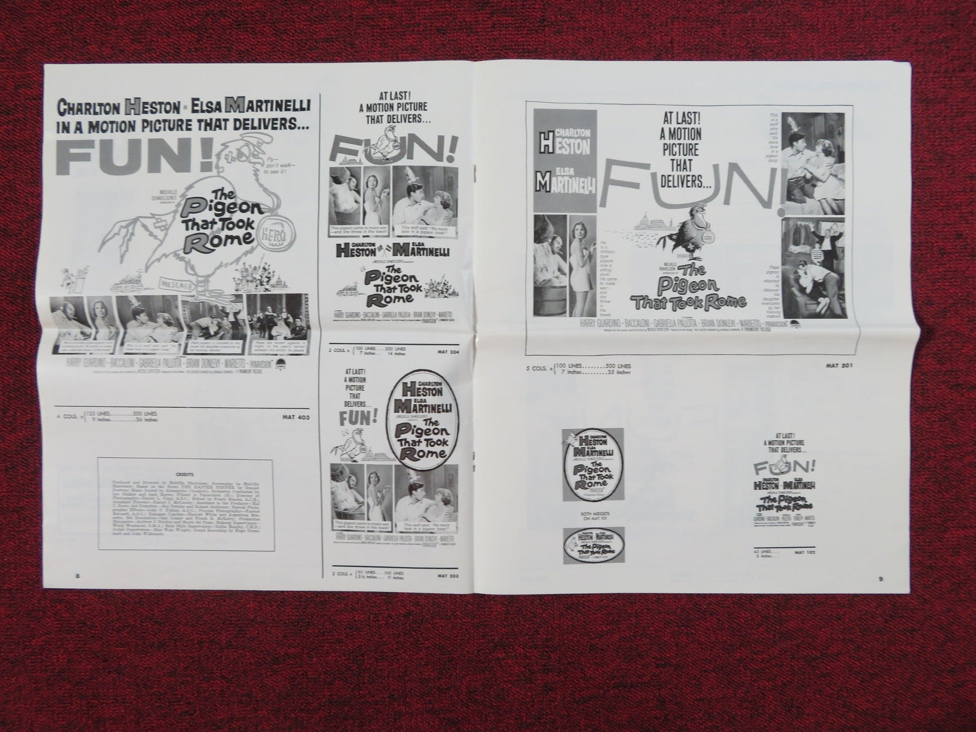 THE PIGEON THAT TOOK ROME UNCUT PRESS BOOK FOLDED CHARLTON HESTON 1962 Rendezvous Cinema Movie posters