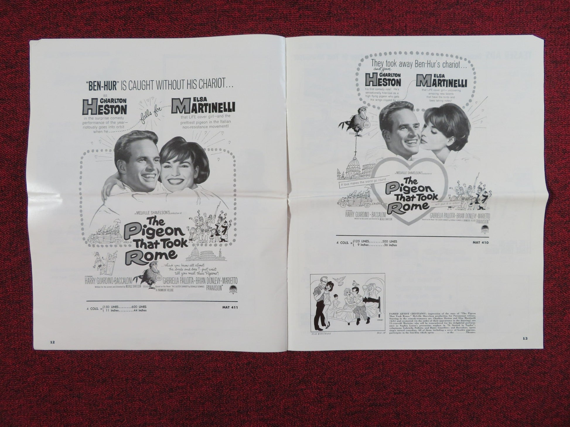 THE PIGEON THAT TOOK ROME UNCUT PRESS BOOK FOLDED CHARLTON HESTON 1962 Rendezvous Cinema Movie posters