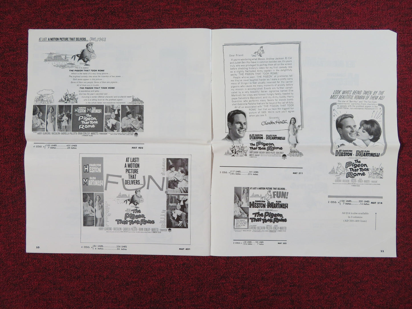 THE PIGEON THAT TOOK ROME UNCUT PRESS BOOK FOLDED CHARLTON HESTON 1962 Rendezvous Cinema Movie posters