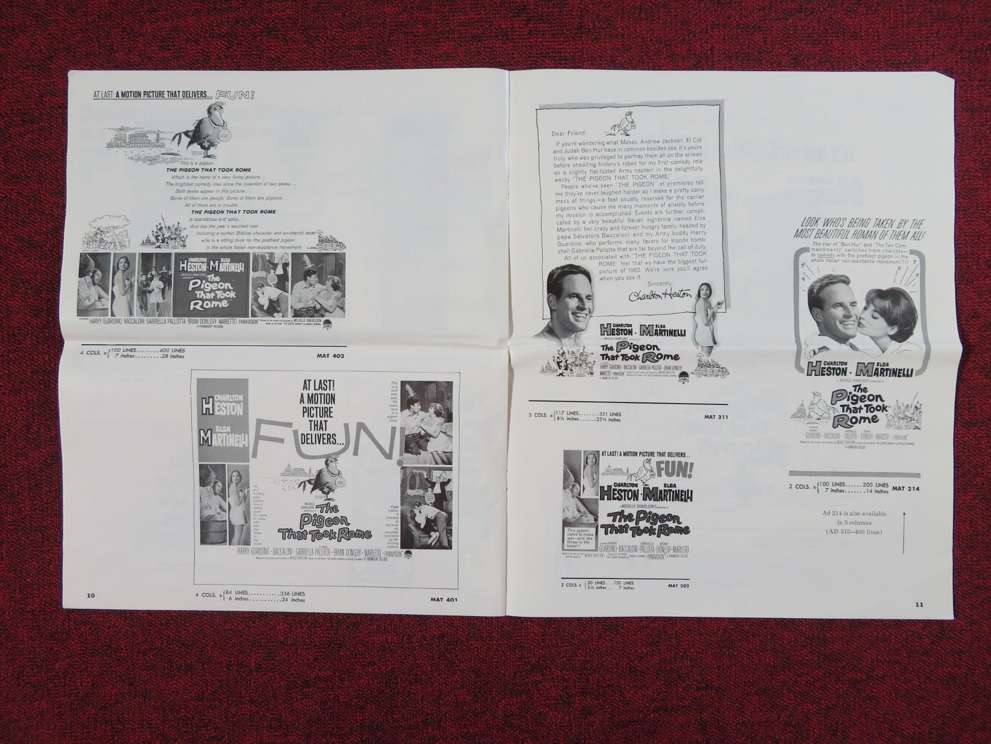 THE PIGEON THAT TOOK ROME UNCUT PRESS BOOK FOLDED CHARLTON HESTON 1962 Rendezvous Cinema Movie posters