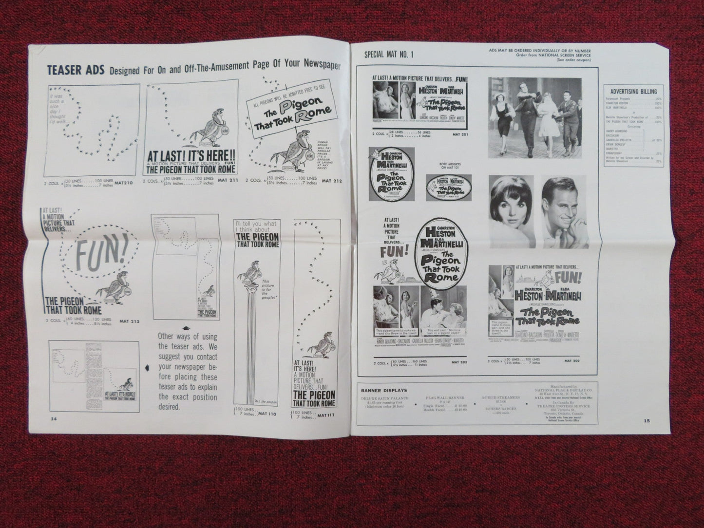 THE PIGEON THAT TOOK ROME UNCUT PRESS BOOK FOLDED CHARLTON HESTON 1962 Rendezvous Cinema Movie posters