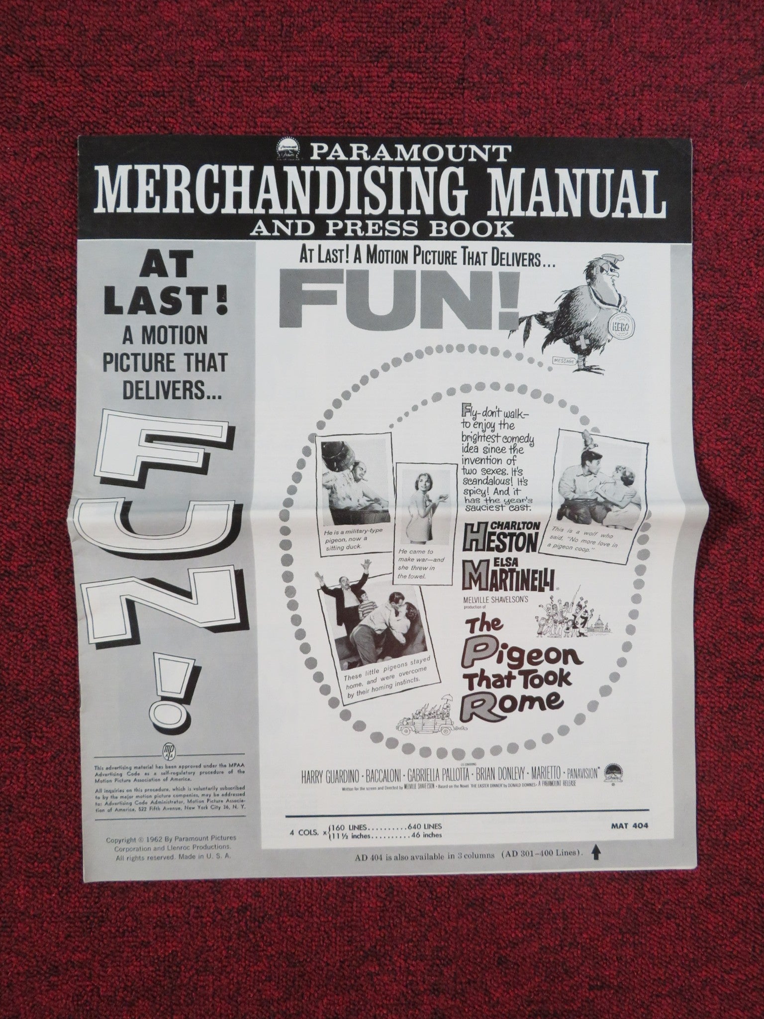 THE PIGEON THAT TOOK ROME UNCUT PRESS BOOK FOLDED CHARLTON HESTON 1962 Rendezvous Cinema Movie posters