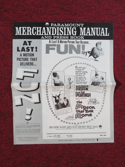THE PIGEON THAT TOOK ROME UNCUT PRESS BOOK FOLDED CHARLTON HESTON 1962 Rendezvous Cinema Movie posters