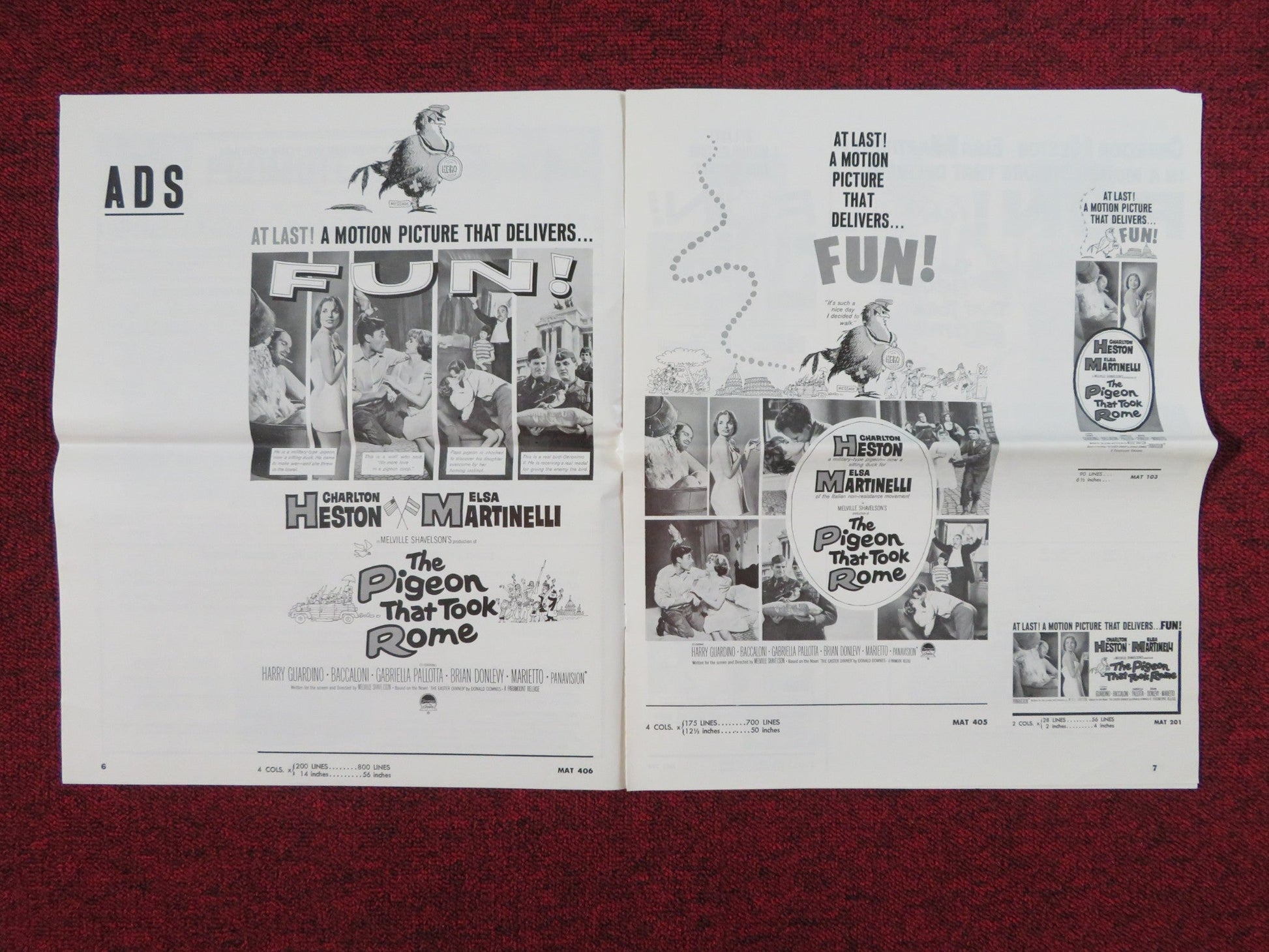 THE PIGEON THAT TOOK ROME UNCUT PRESS BOOK FOLDED CHARLTON HESTON 1962 Rendezvous Cinema Movie posters