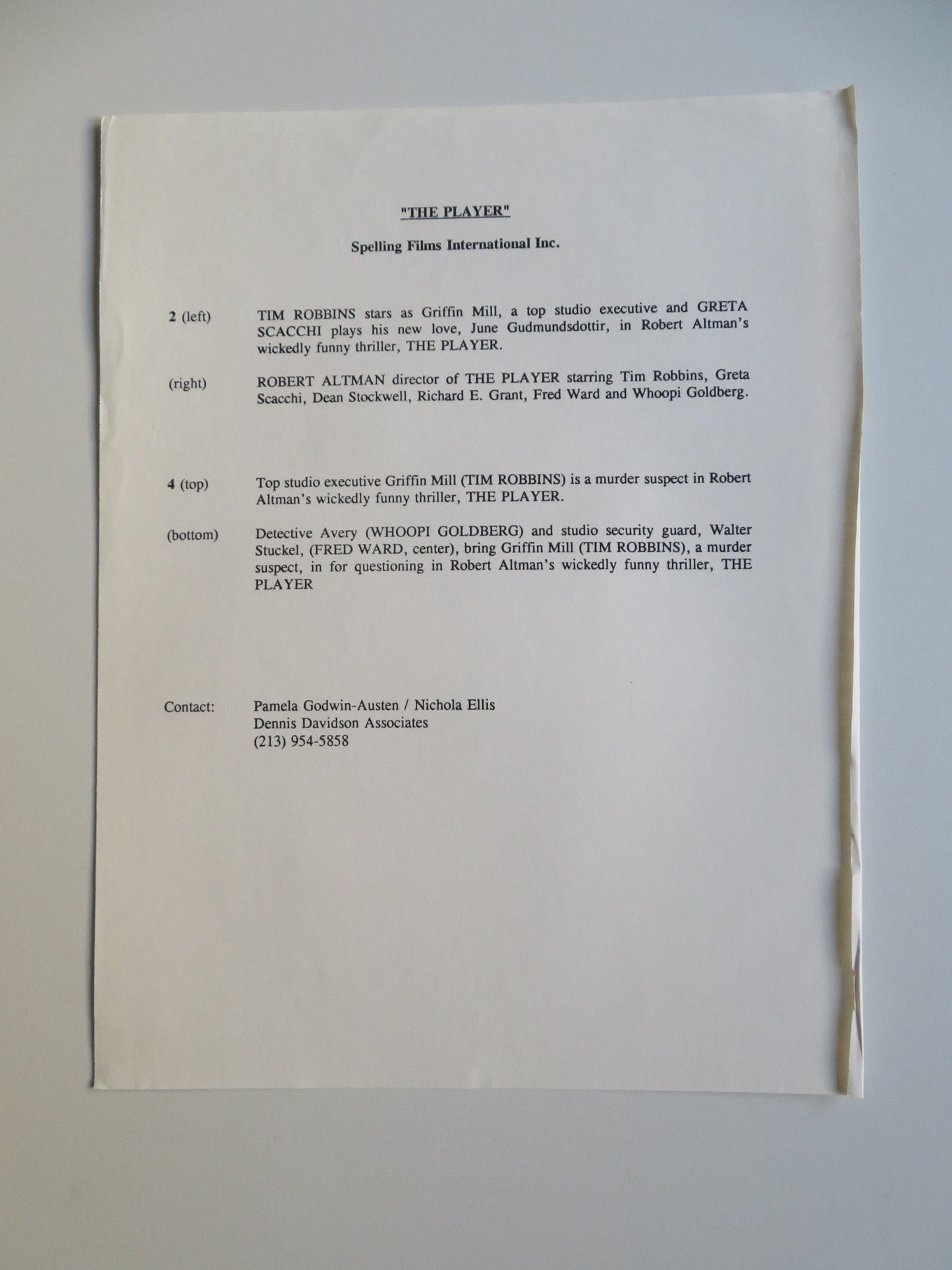 THE PLAYER PRESS KIT 1992 TIM ROBBINS GRETA SCACCHI Movie posters