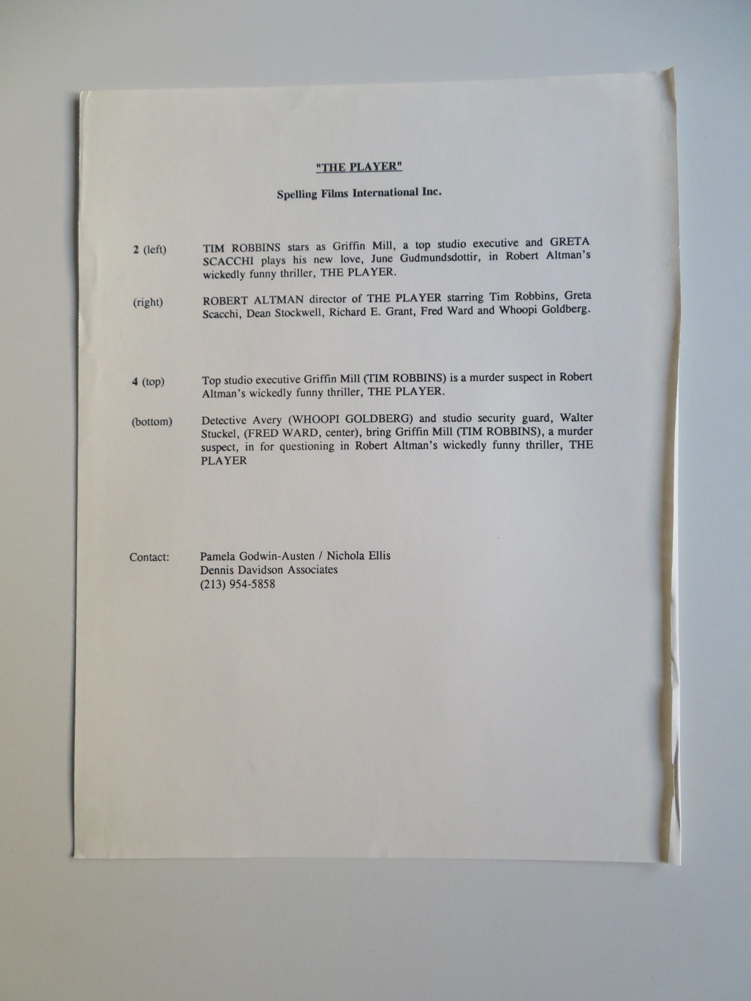 THE PLAYER PRESS KIT 1992 TIM ROBBINS GRETA SCACCHI Movie posters