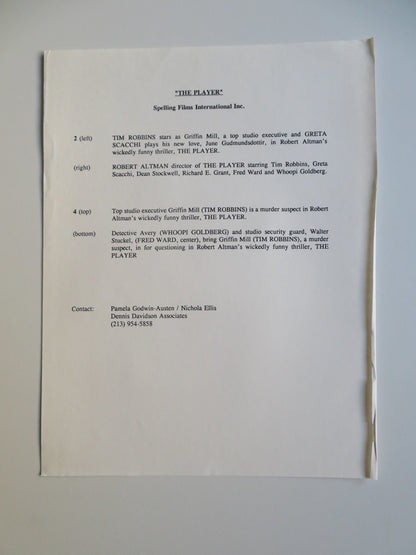 THE PLAYER PRESS KIT 1992 TIM ROBBINS GRETA SCACCHI Movie posters