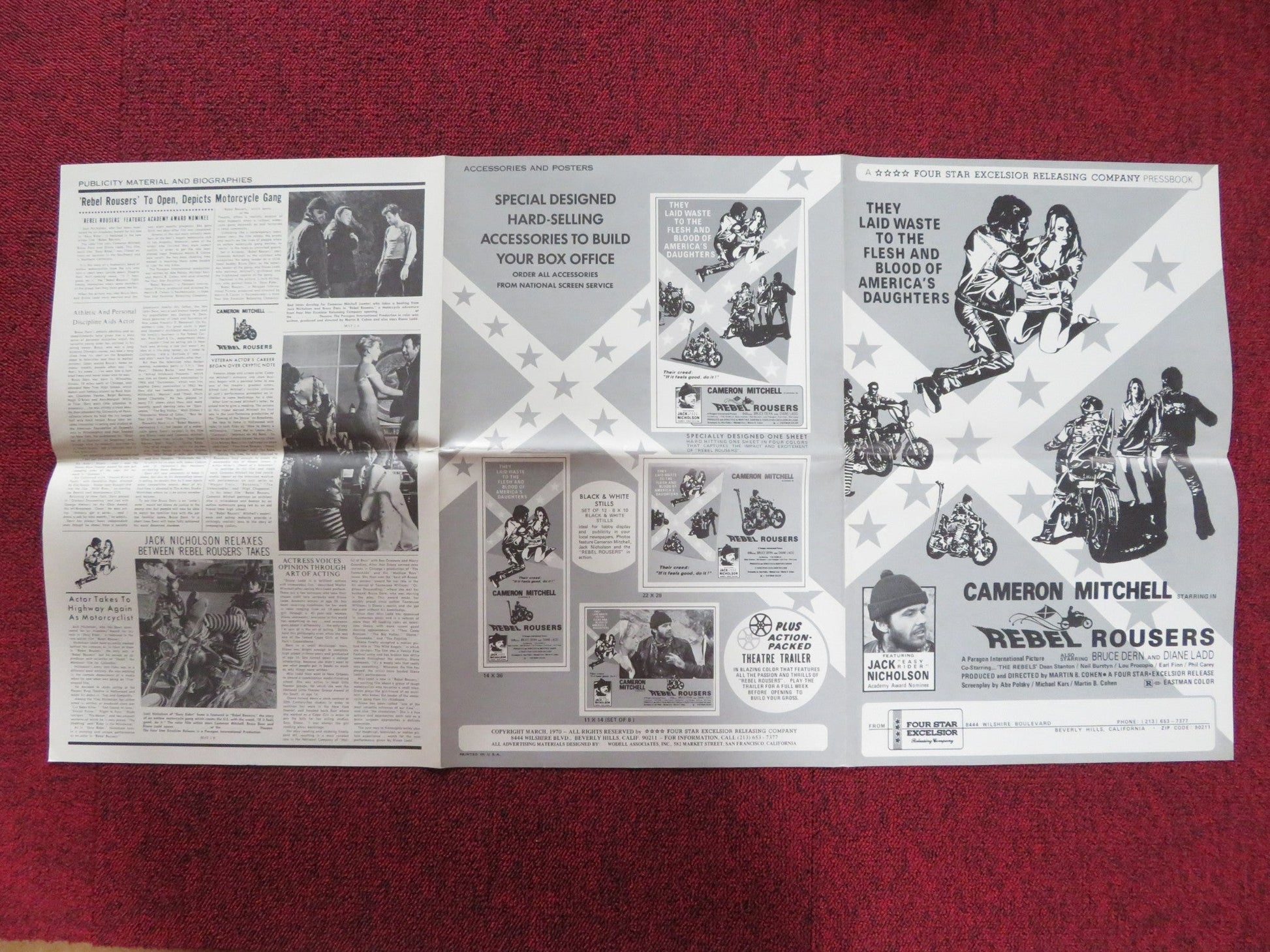 THE REBEL ROUSERS UNCUT PRESS BOOK FOLDED JACK NICHOLSON CAMERON MITCHELL 1970 Rendezvous Cinema Movie posters