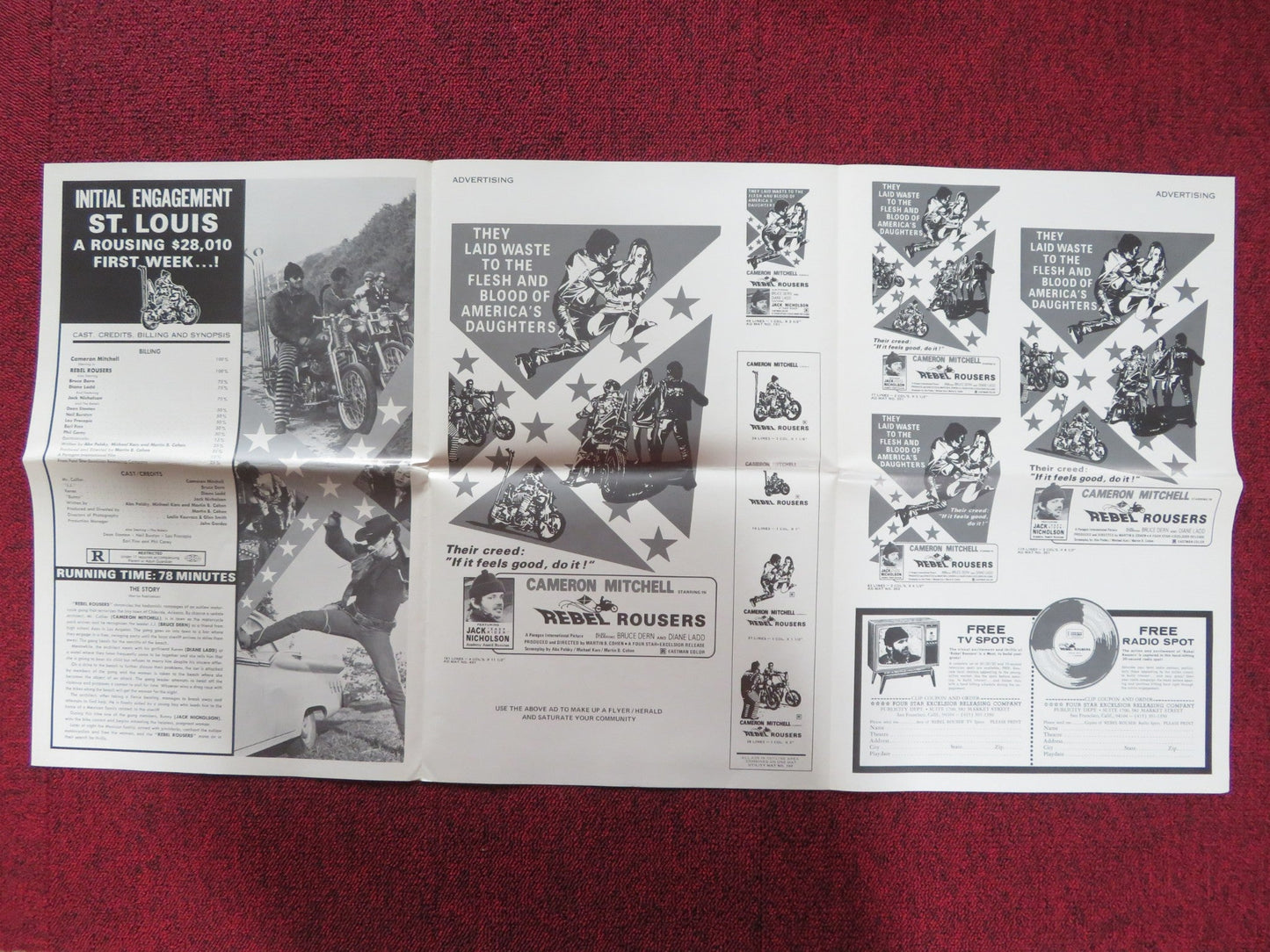 THE REBEL ROUSERS UNCUT PRESS BOOK FOLDED JACK NICHOLSON CAMERON MITCHELL 1970 Rendezvous Cinema Movie posters