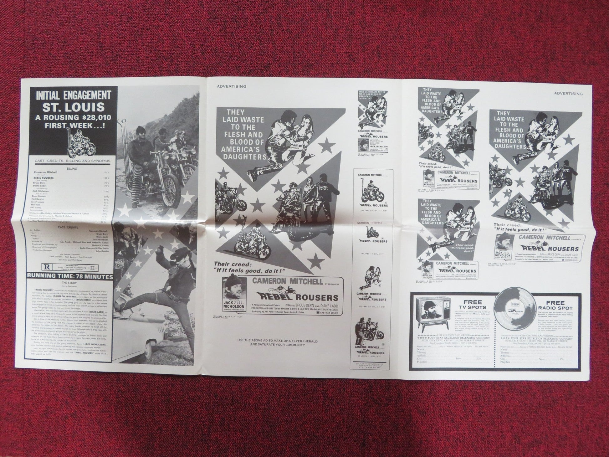 THE REBEL ROUSERS UNCUT PRESS BOOK FOLDED JACK NICHOLSON CAMERON MITCHELL 1970 Rendezvous Cinema Movie posters