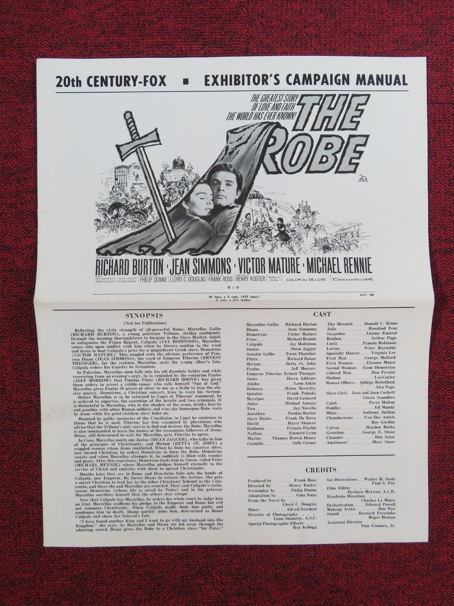 THE ROBE UNCUT PRESS BOOK FOLDED RICHARD BURTON JEAN SIMMONS R1963 Rendezvous Cinema Movie posters