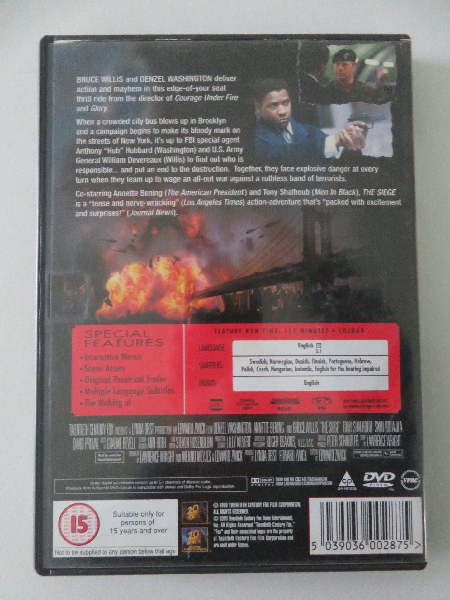 THE SIEGE (DVD) DENZEL WASHINGTON ANNETTE BENING BRUCE WILLIS 1998 REGION 2 Movie posters