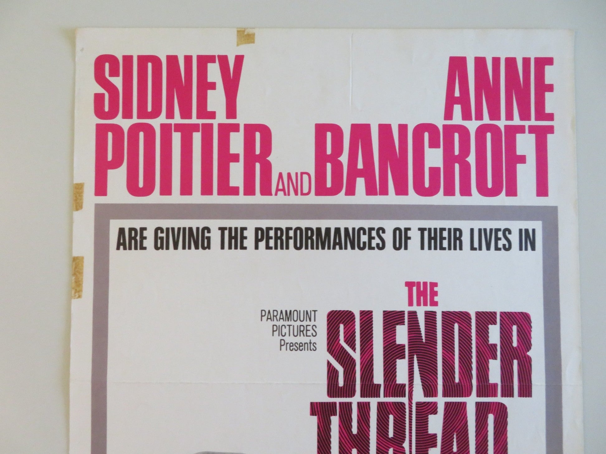 THE SLENDER THREAD US INSERT POSTER SIDNEY POITIER ANNE BANCROFT 1965 Rendezvous Cinema Movie posters