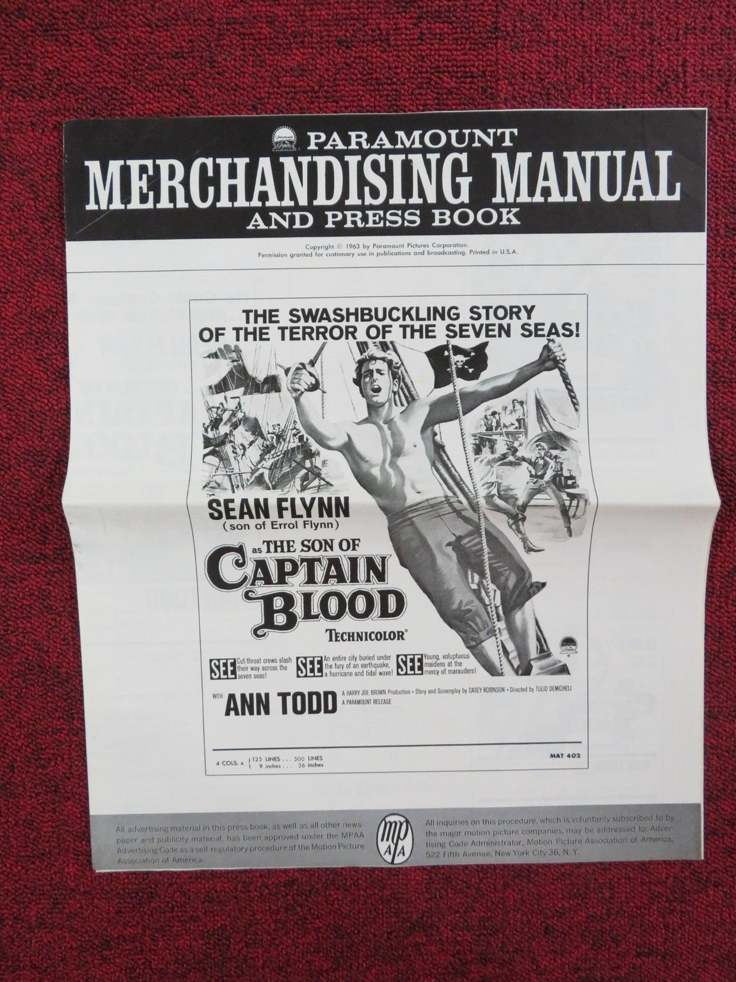 THE SON OF CAPTAIN BLOOD UNCUT PRESS BOOK FOLDED SEAN FLYNN ANN TODD 1963 Rendezvous Cinema Movie posters