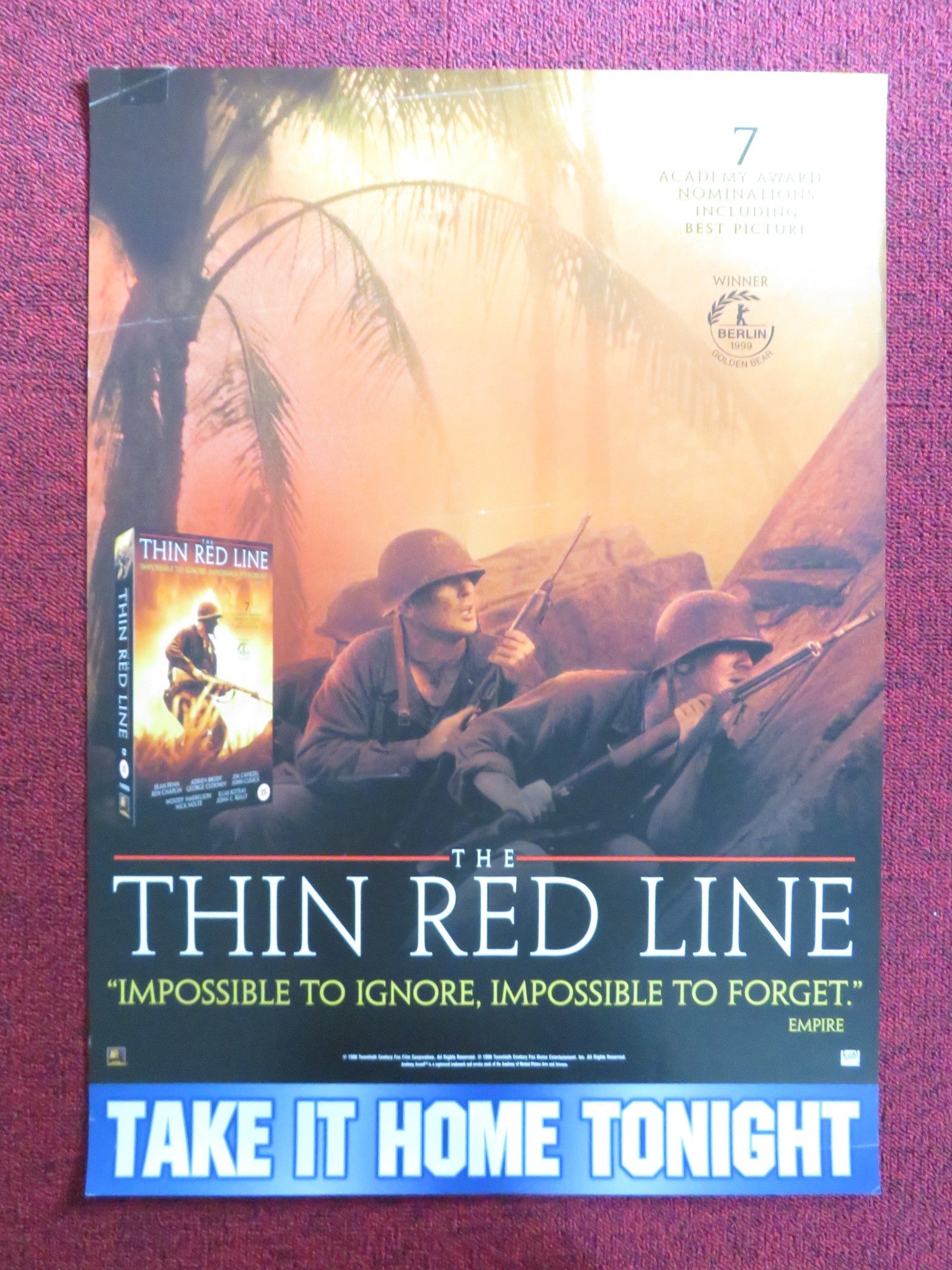 THE THIN RED LINE VHS VIDEO POSTER SEAN PENN ADRIEN BRODY 1998 Rendezvous Cinema Movie posters