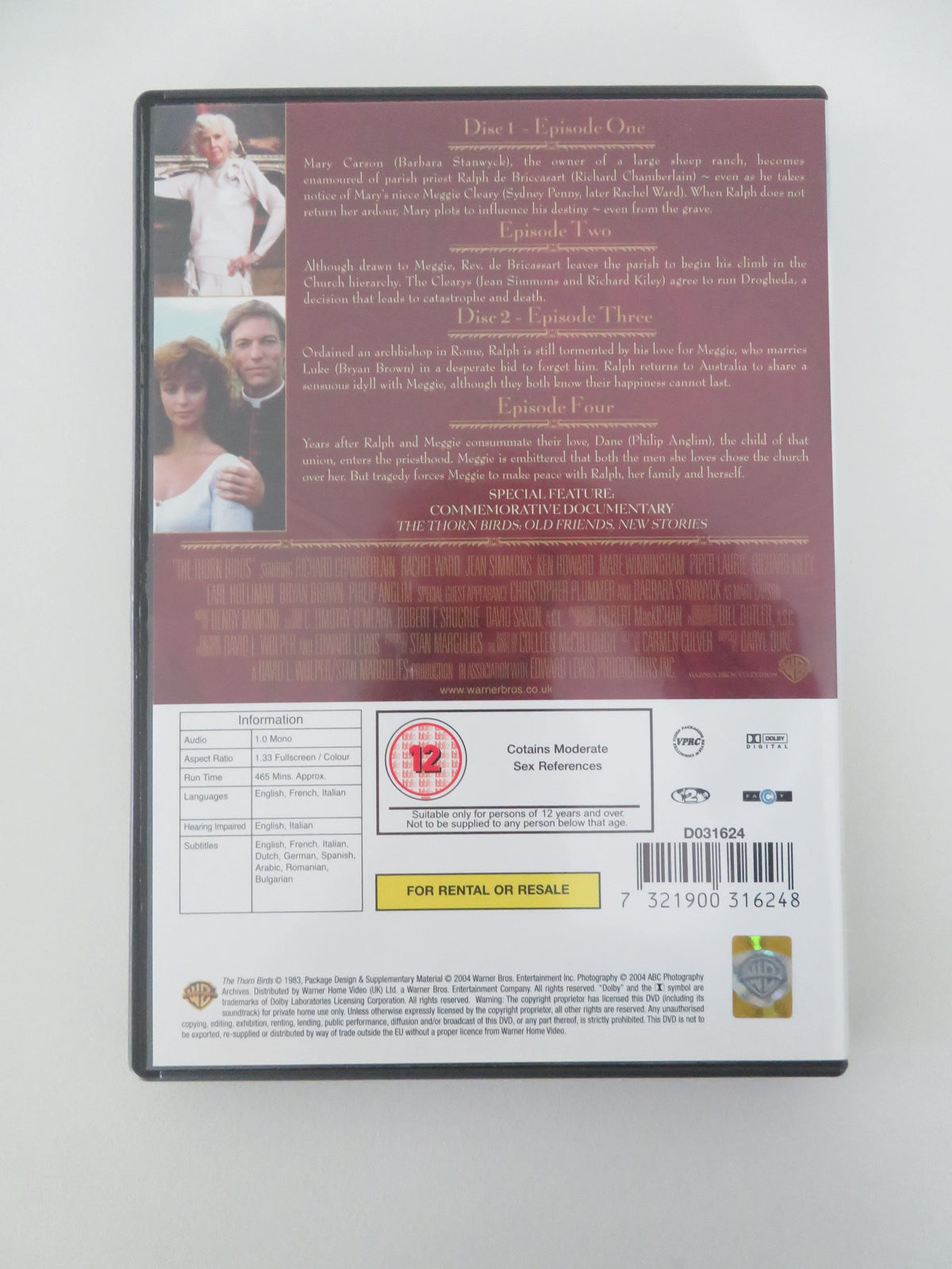 The Thorn Birds - B (DVD) Richard Chamberlain Rachel Ward 1983 Region 2 Movie posters