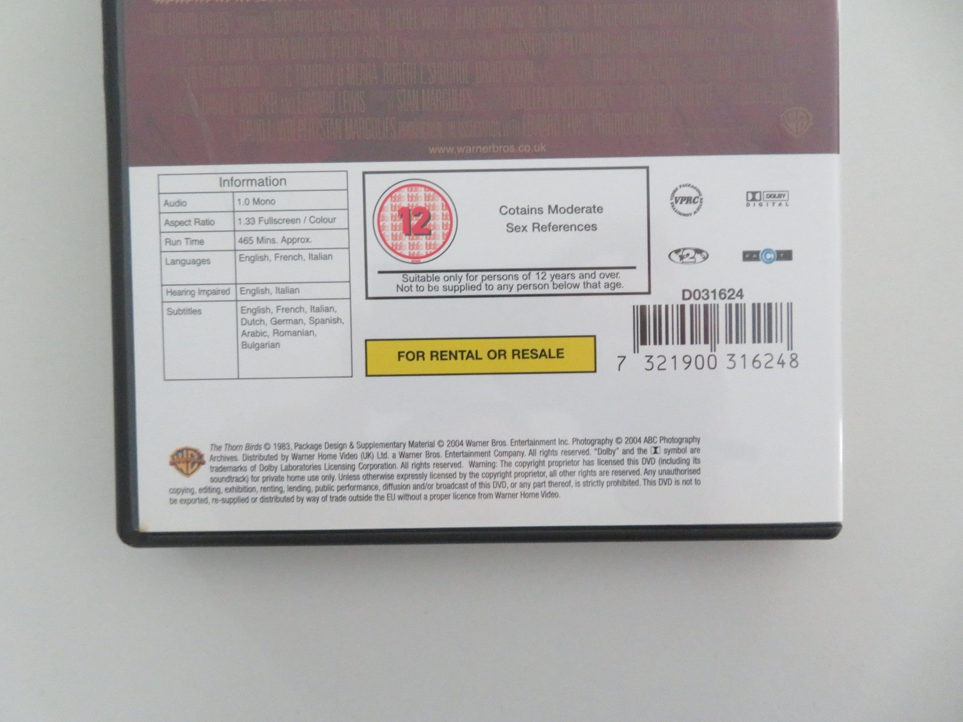 THE THORN BIRDS (DVD) RICHARD CHAMBERLAIN RACHEL WARD 1983 REGION 2 Movie posters
